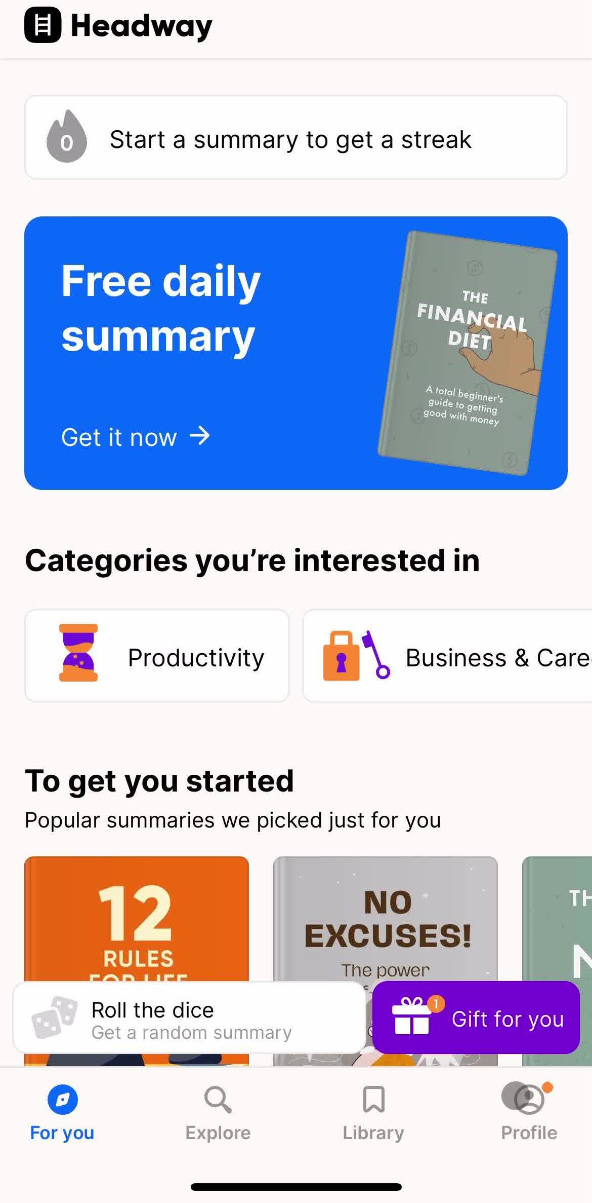 Headway For you screen in the Logging Out flow