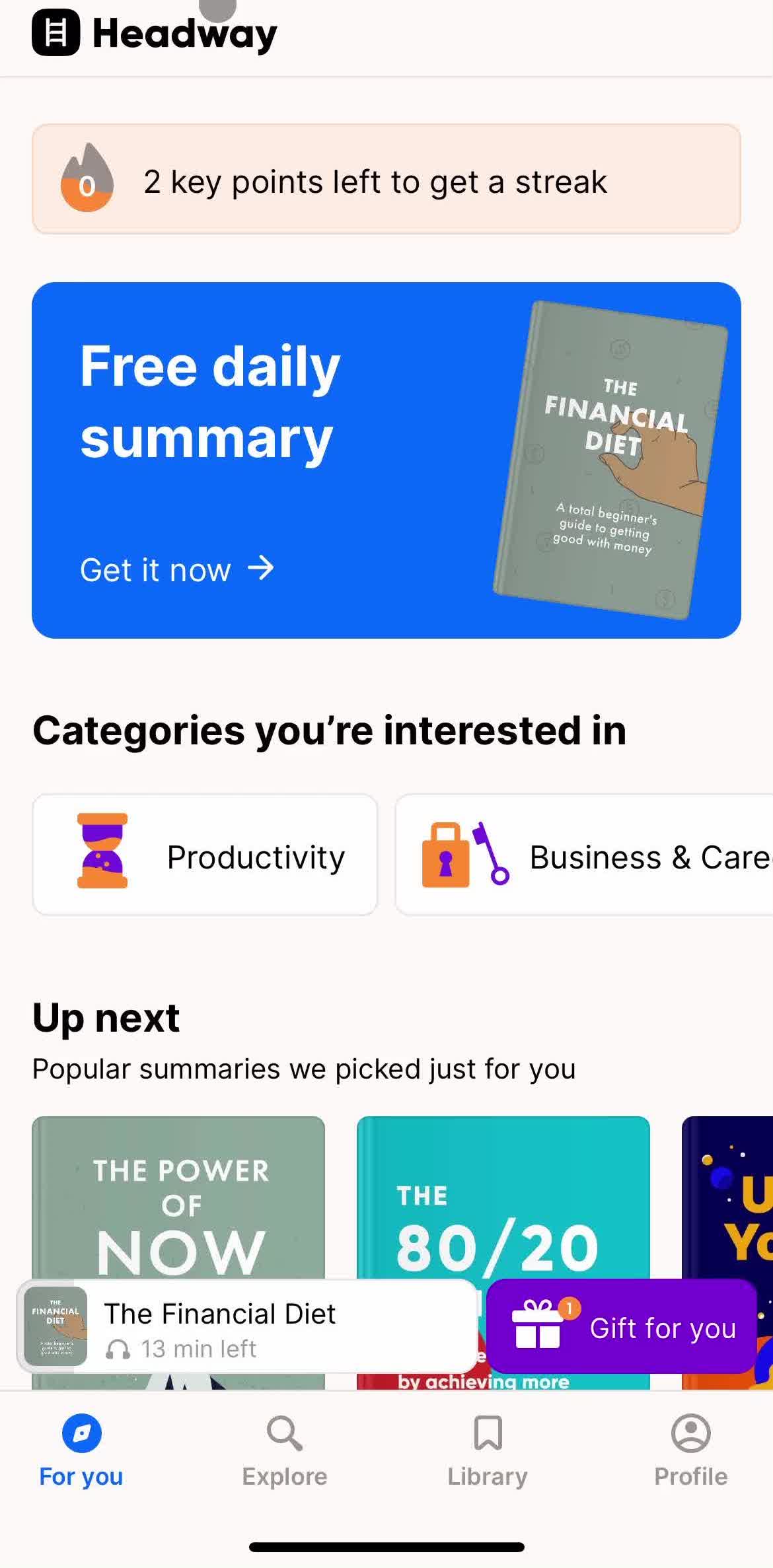 Headway For you screen in the Saving flow