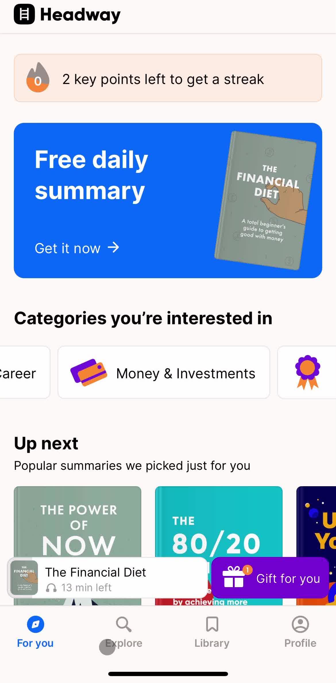 Headway For you screen in the Searching flow