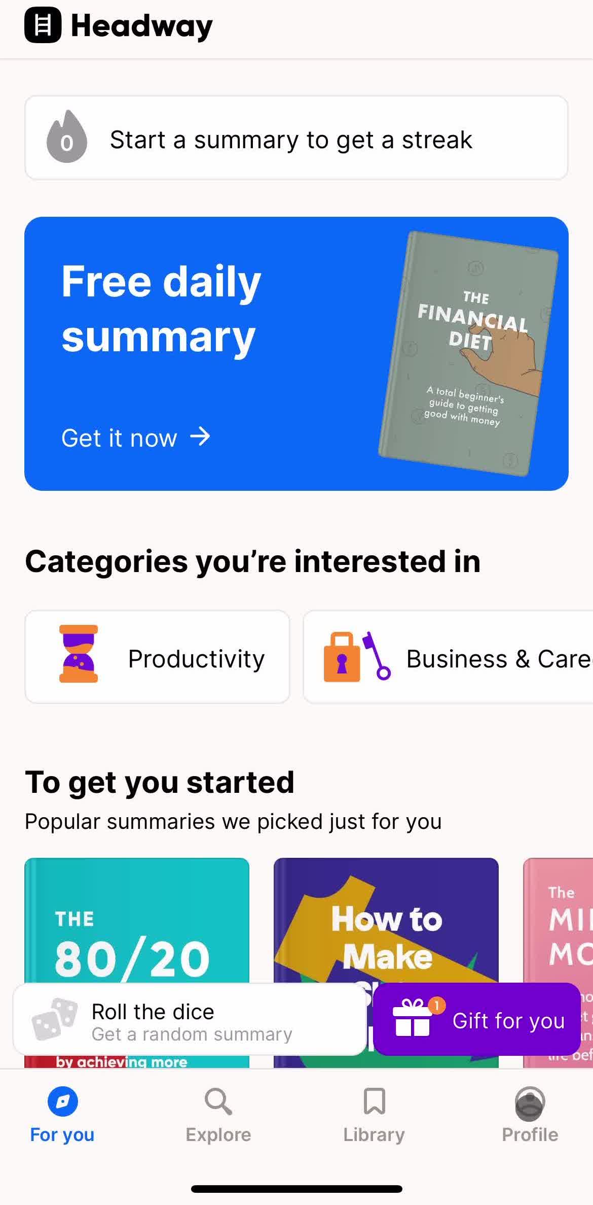 Headway For you screen in the Support flow