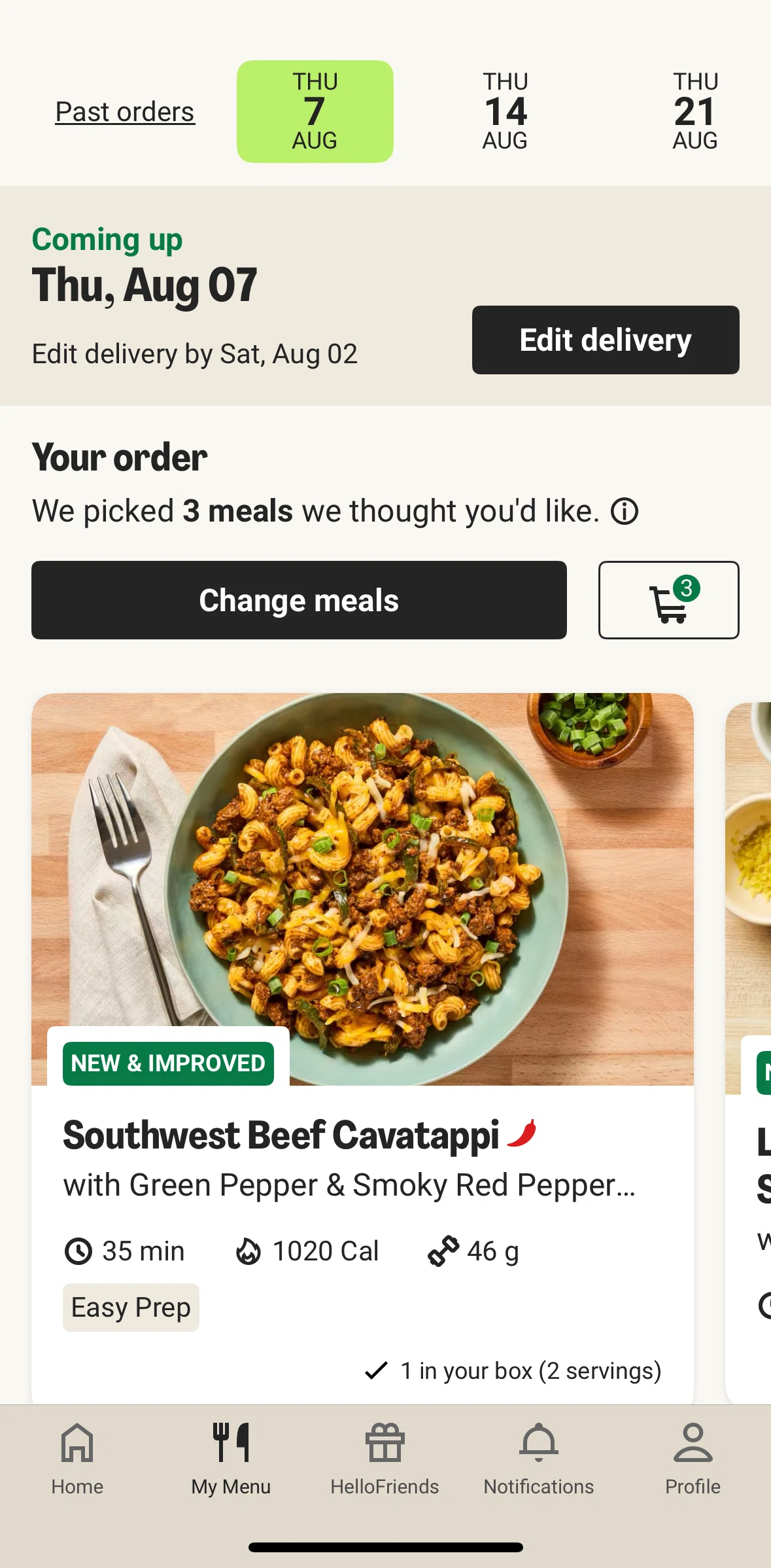 HelloFresh Screen screen in the Changing meals flow