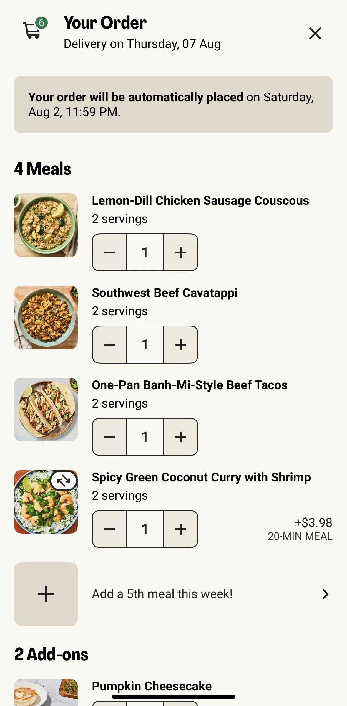 HelloFresh Screen screen in the Deleting meals flow