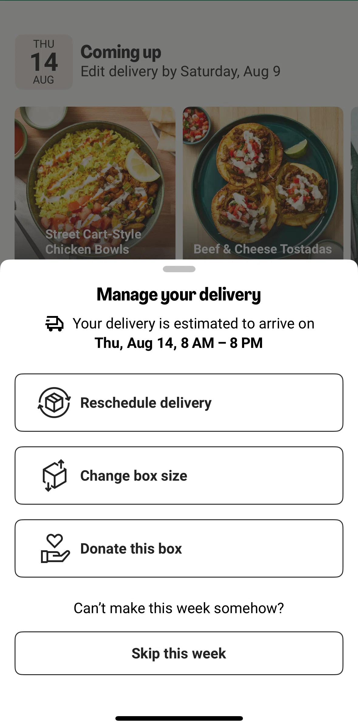 HelloFresh Screen screen in the Donating a box flow