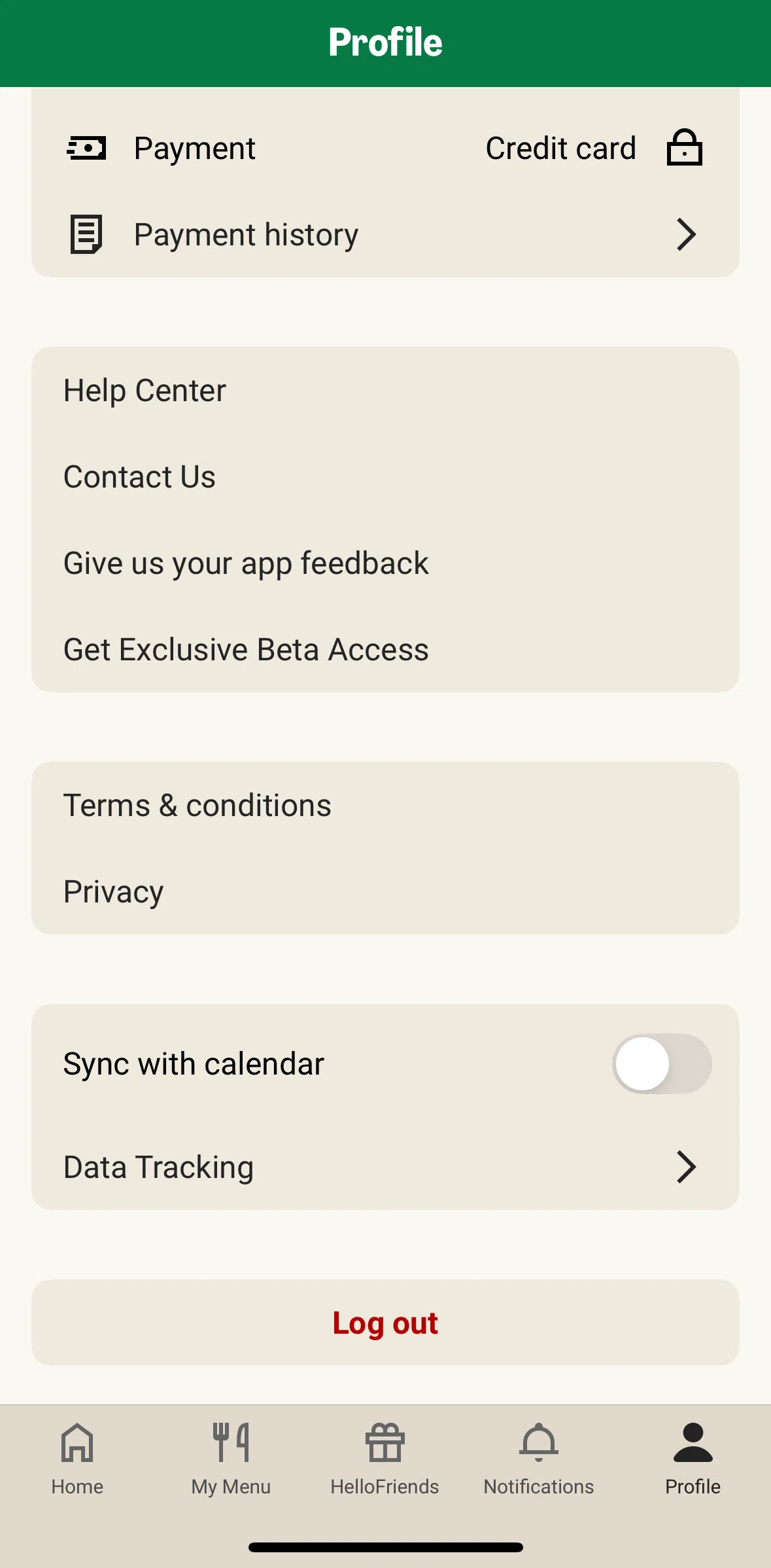 HelloFresh Screen screen in the Logging out flow