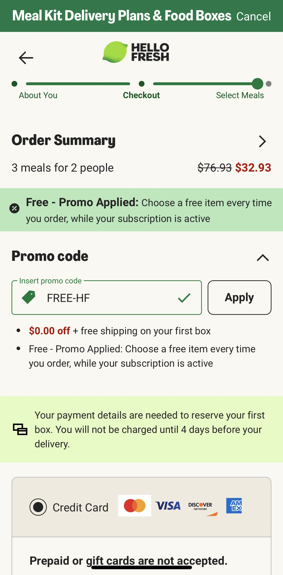 HelloFresh Screen screen in the Order summary flow