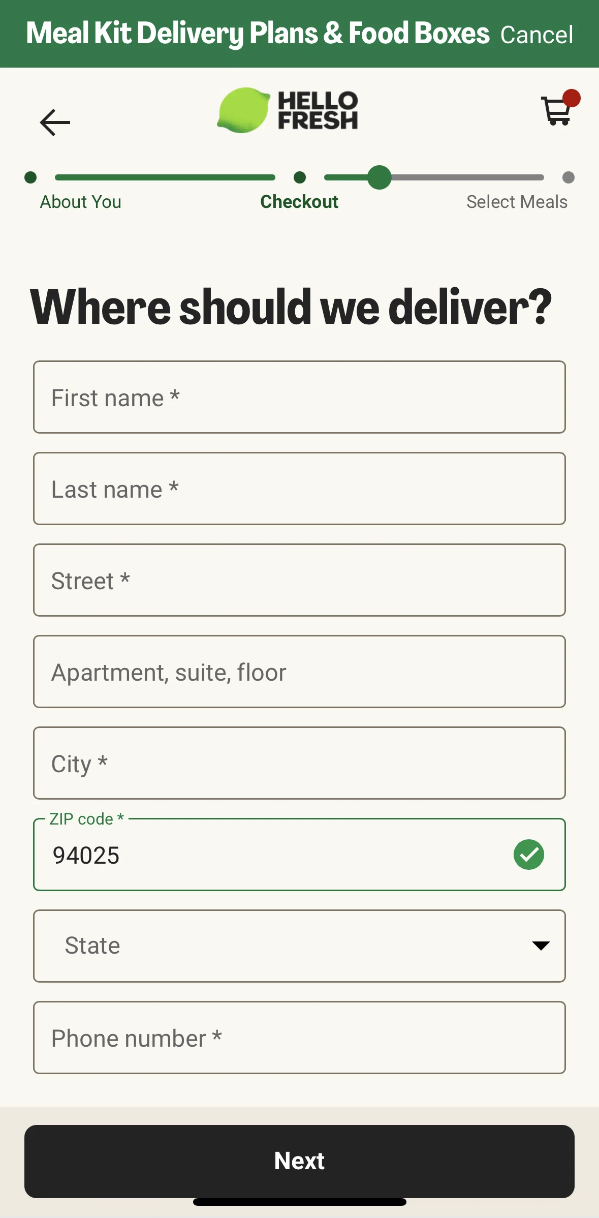 HelloFresh Screen screen in the Placing an order flow