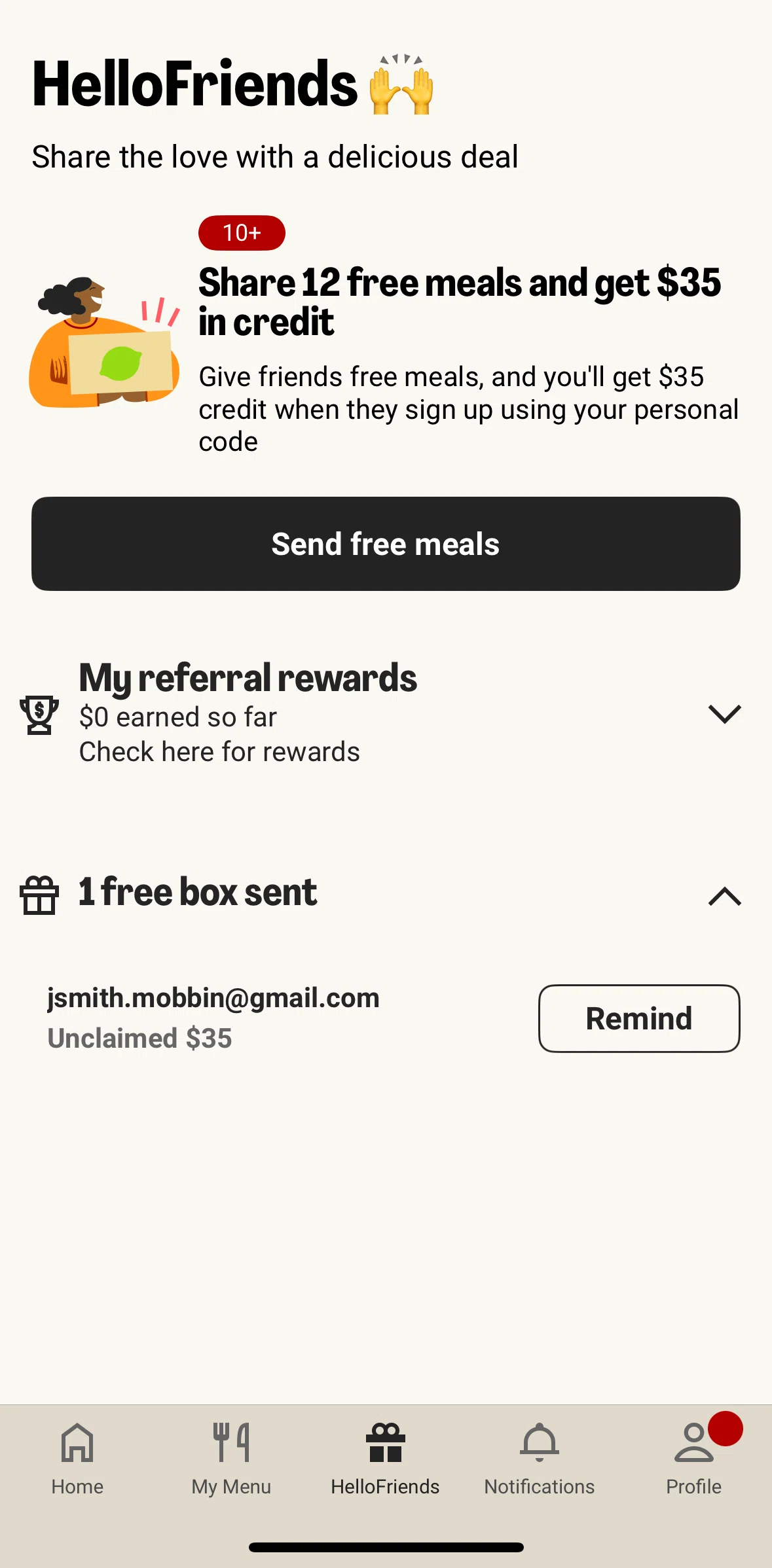 HelloFresh Screen screen in the Reminding a friend flow