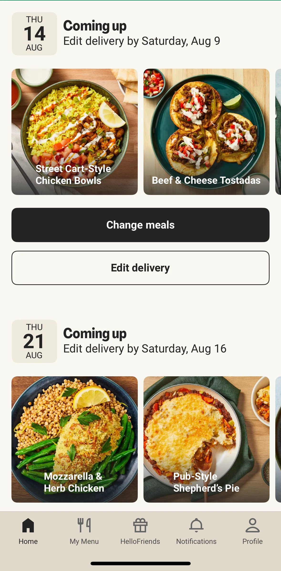 HelloFresh Screen screen in the Rescheduling a delivery flow