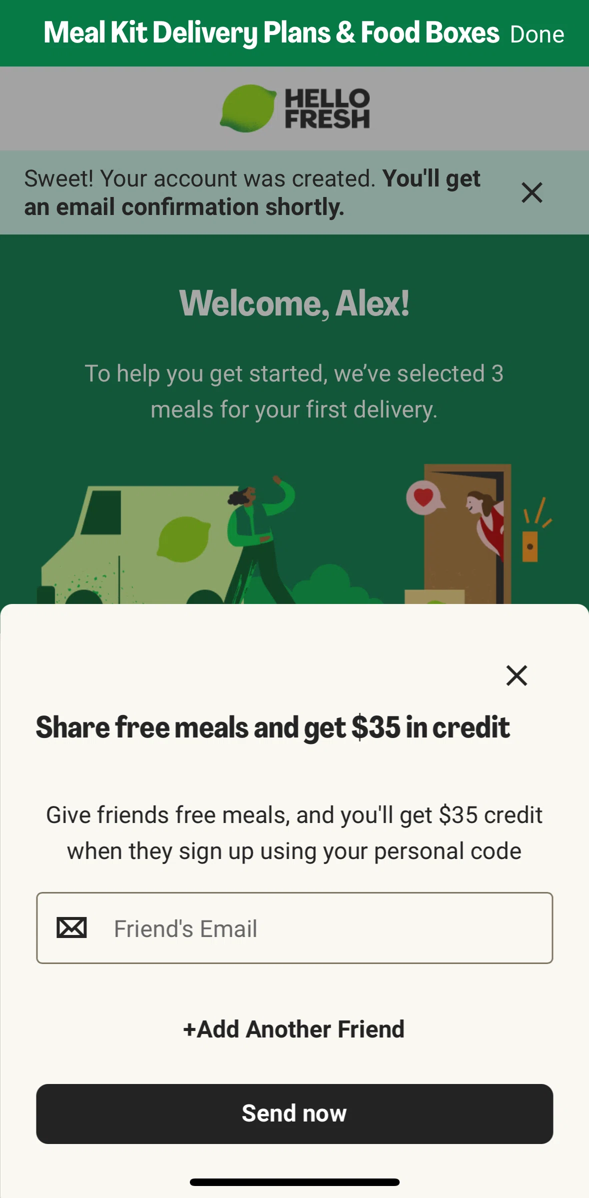 HelloFresh Screen screen in the Sending a free meal flow