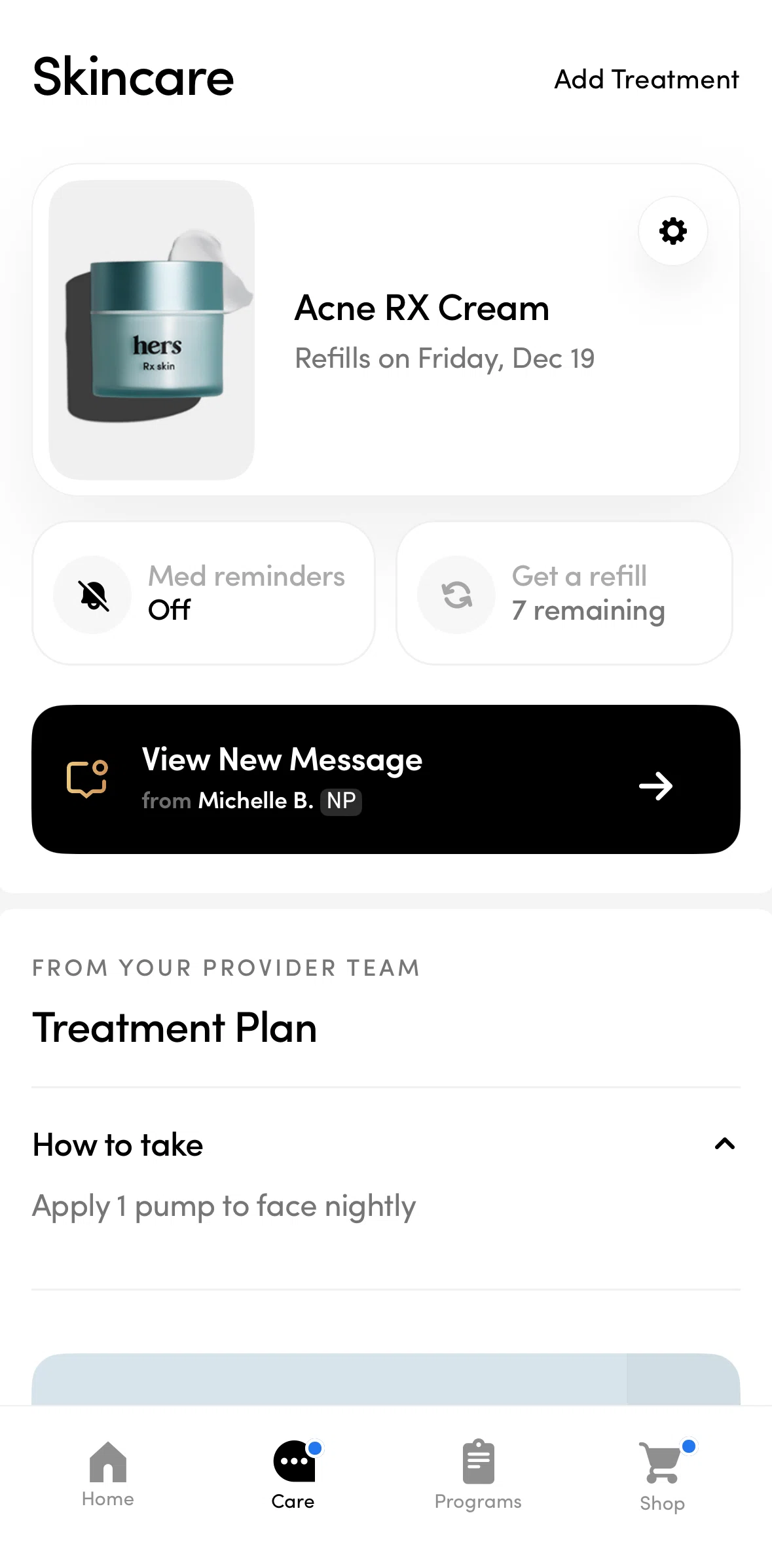 Hers Screen screen in the Completing treatment questionnaires (weight loss) flow