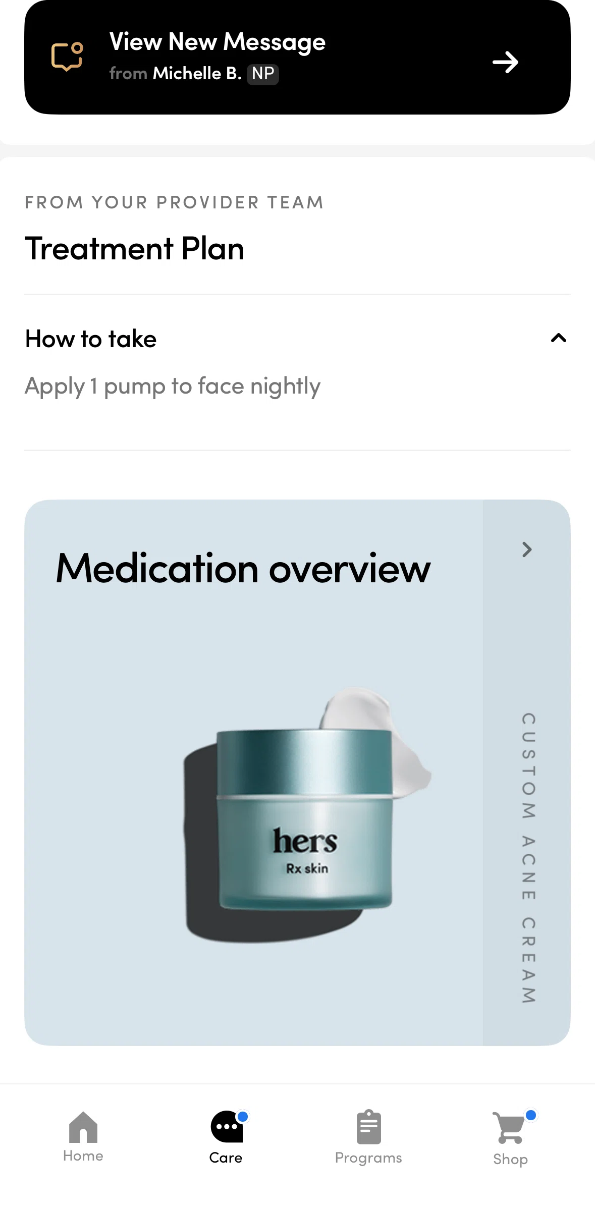 Hers Screen screen in the Medication overview flow