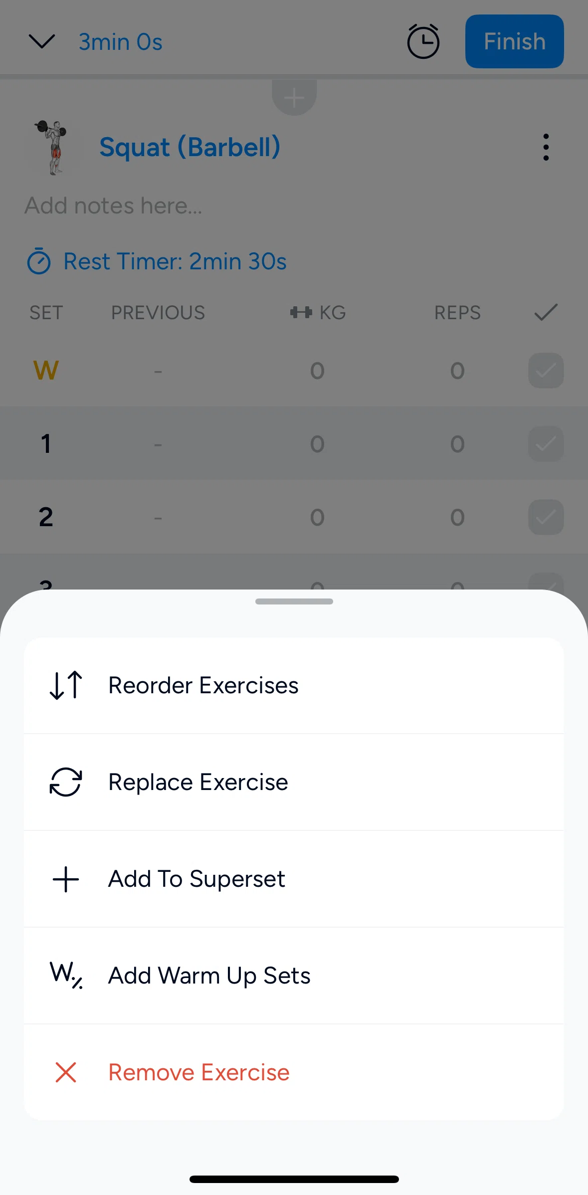 Hevy Screen screen in the Adding an exercise to warm up sets flow