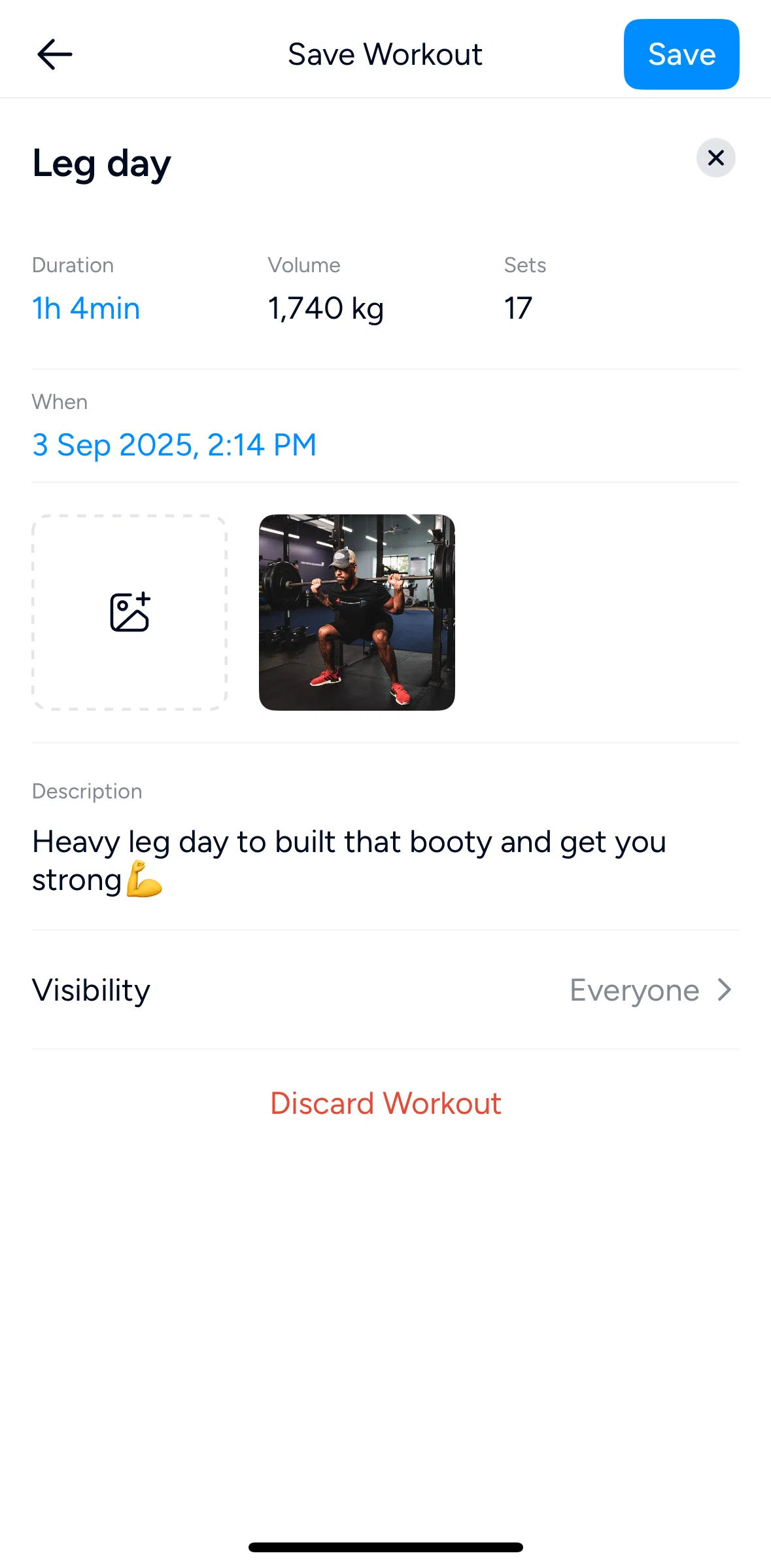 Hevy Screen screen in the Changing workout visibility flow