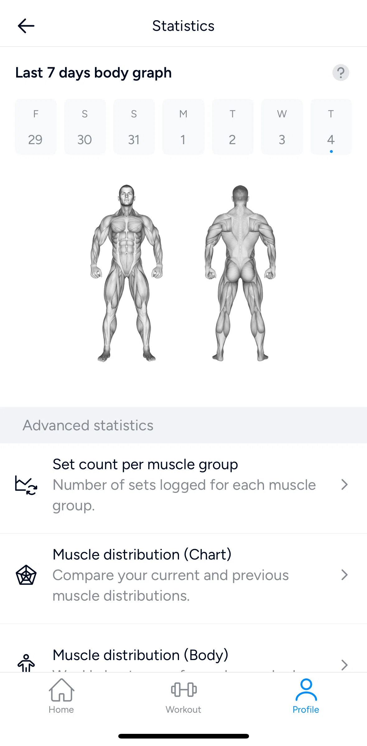 Hevy Screen screen in the Filtering set count per muscle flow
