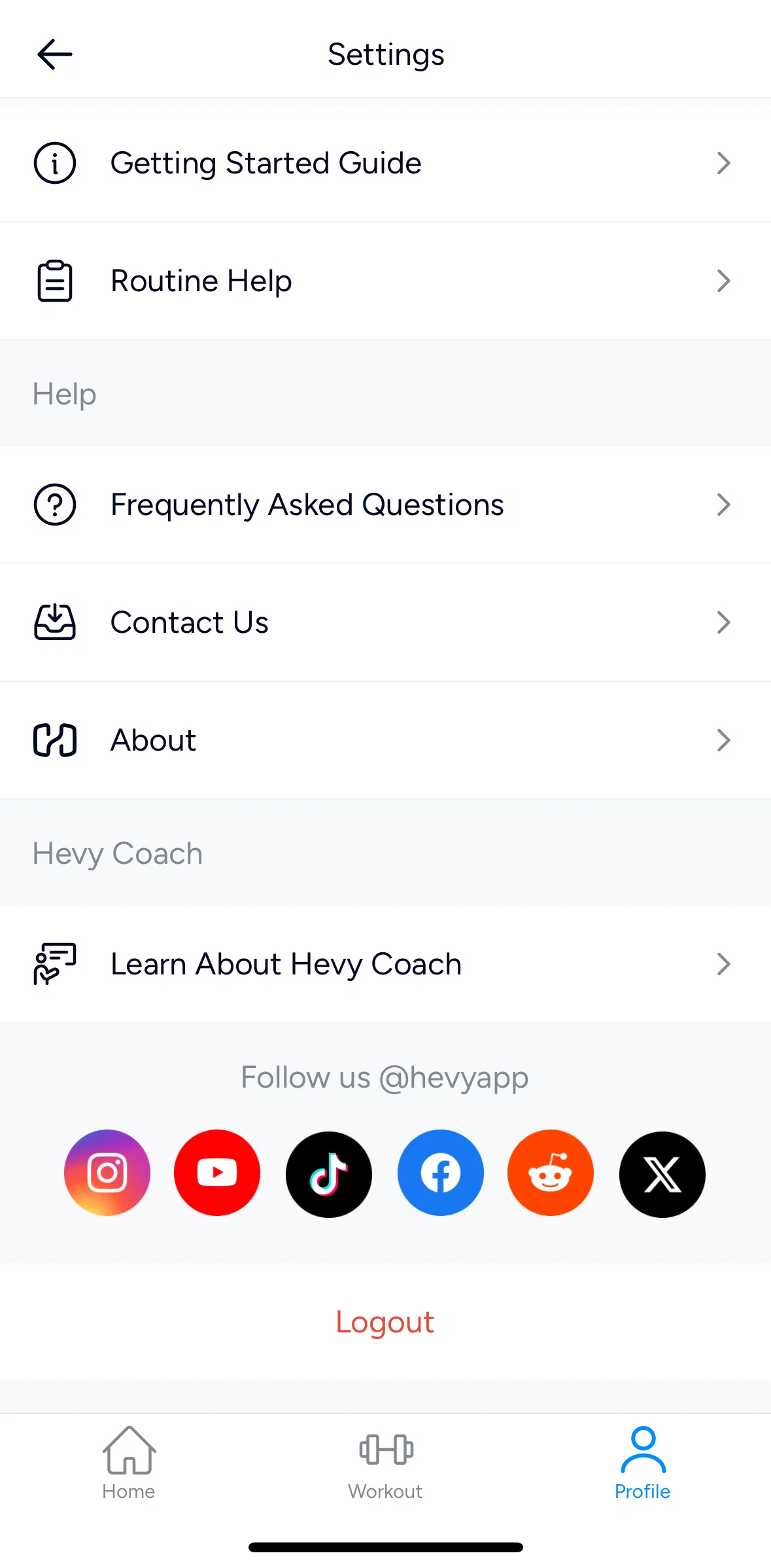 Hevy Screen screen in the Logging out flow