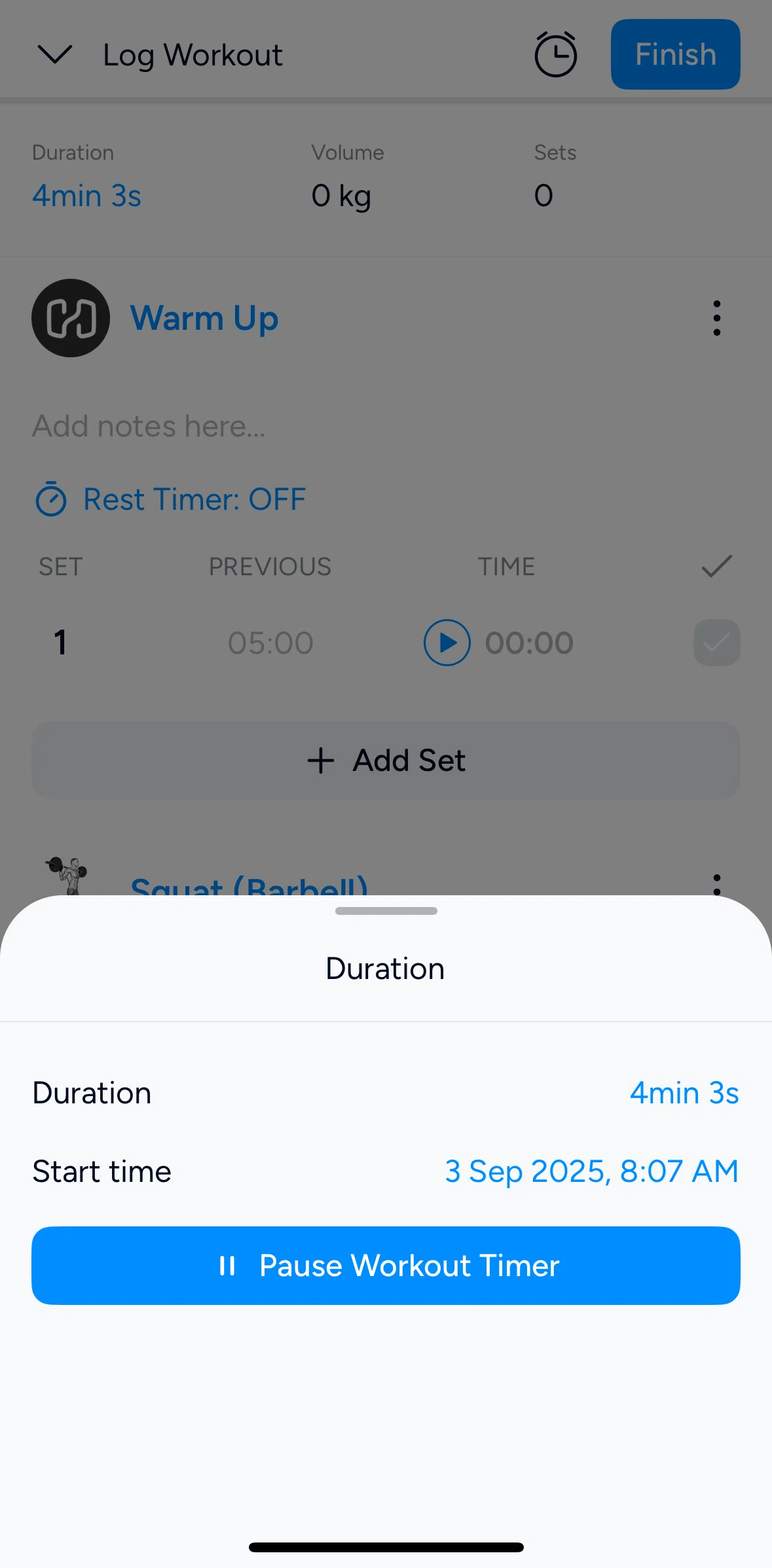 Hevy Screen screen in the Pausing workout timer flow