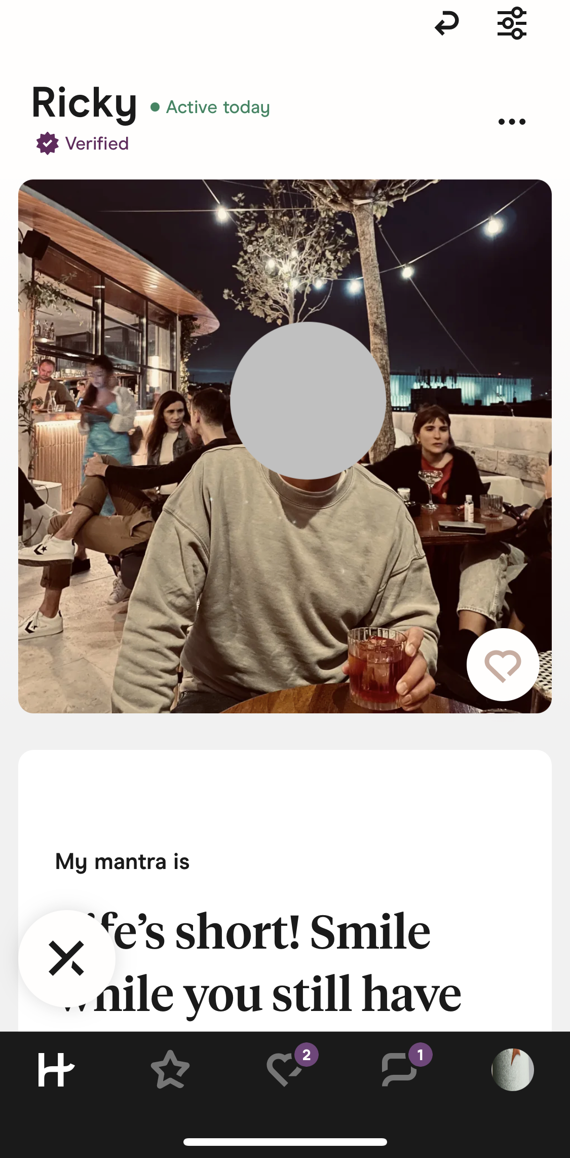 Hinge Home screen in the Filtering flow