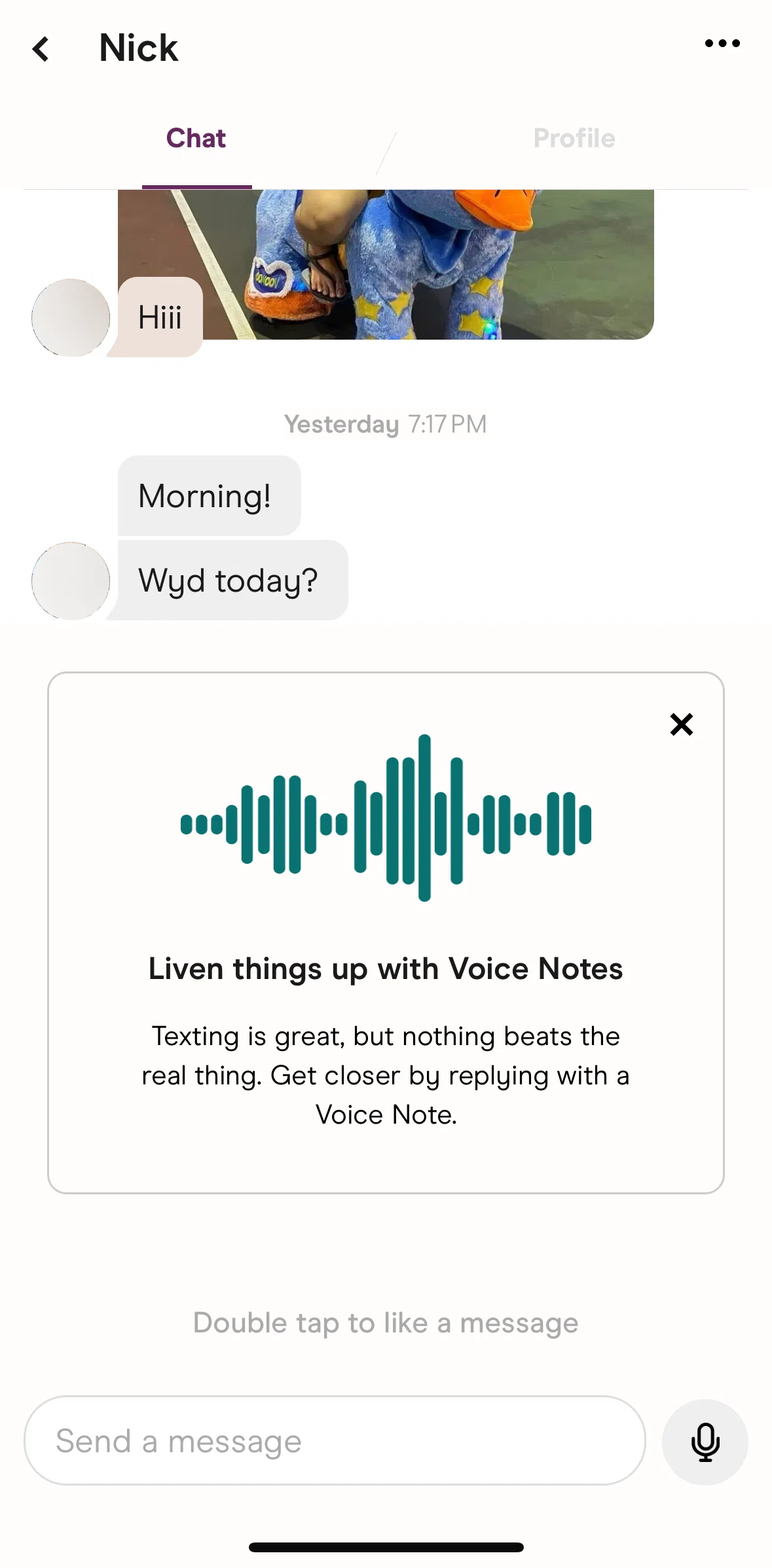 Hinge Screen screen in the Liking a message flow