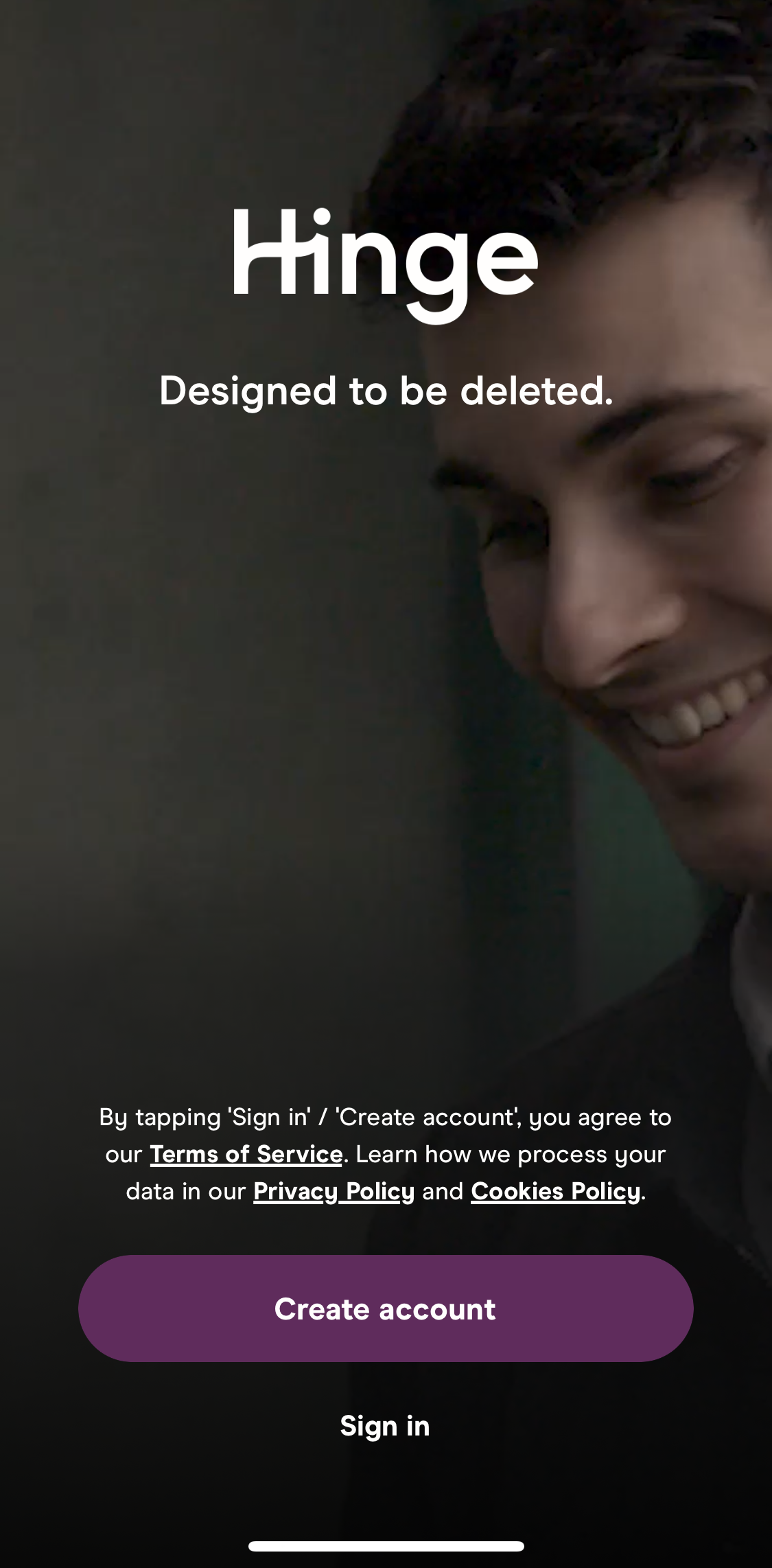 Hinge Start screen screen in the Onboarding flow