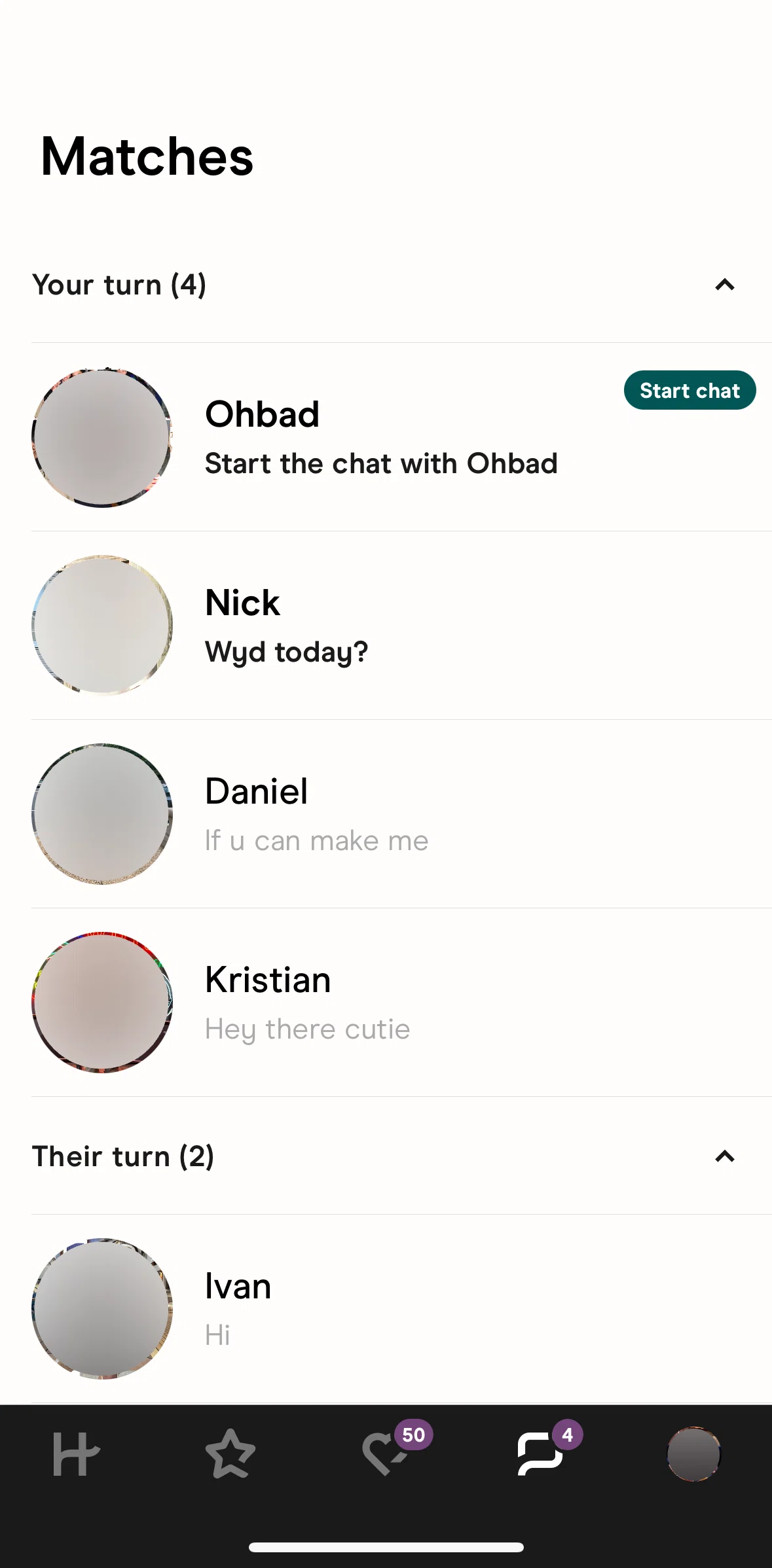 Hinge Screen screen in the Starting a chat flow