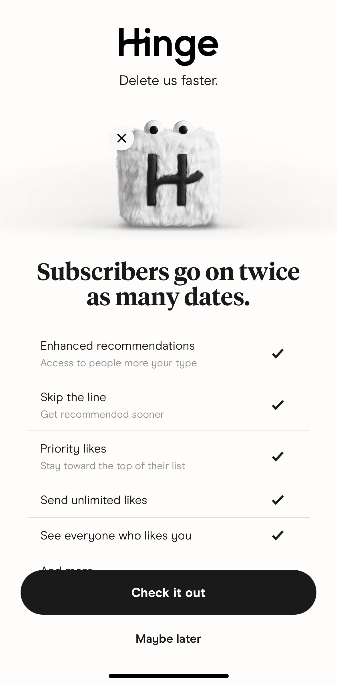 Hinge Screen screen in the Subscribing to HingeX flow