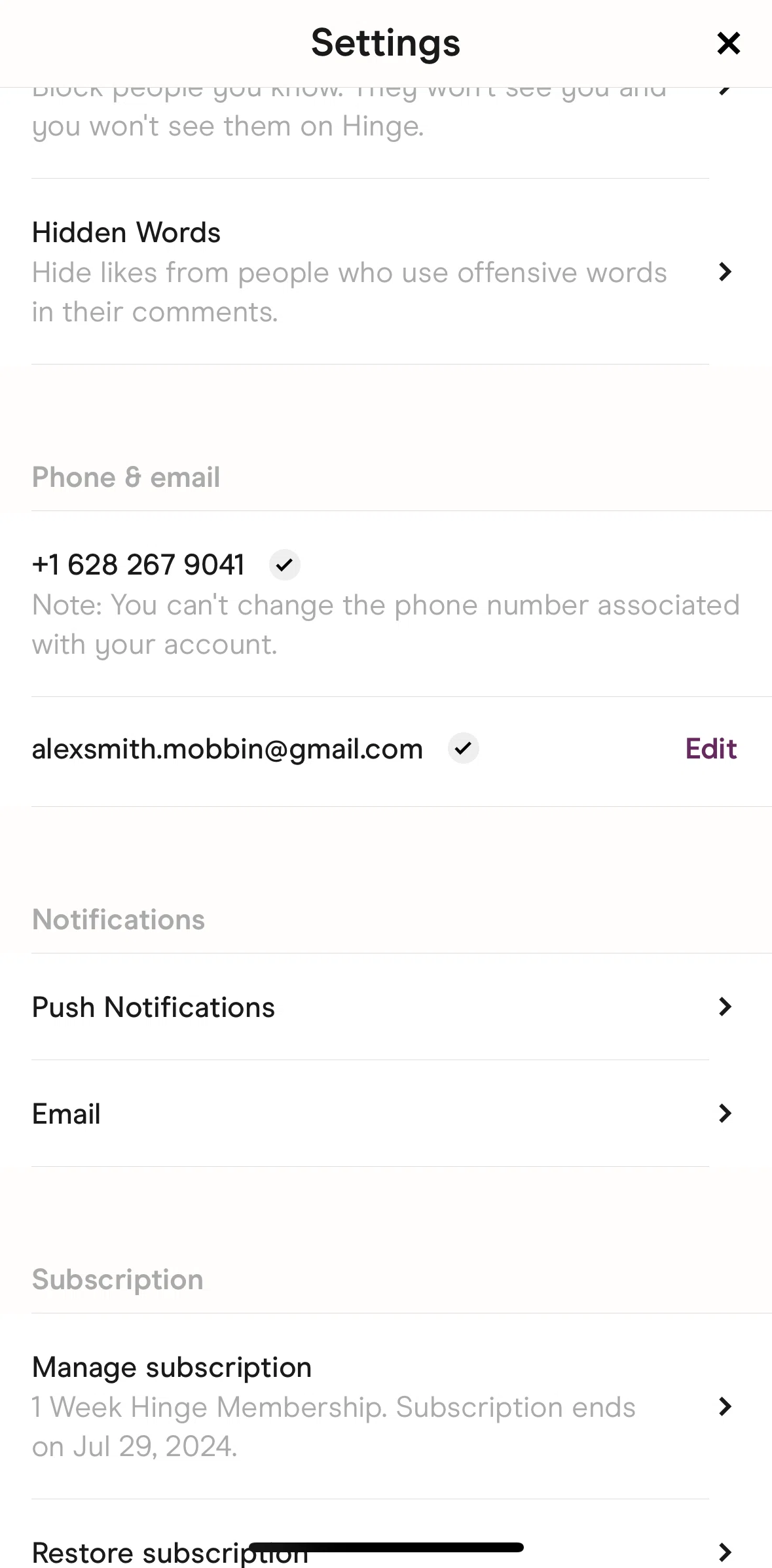 Hinge Screen screen in the Subscriptions flow