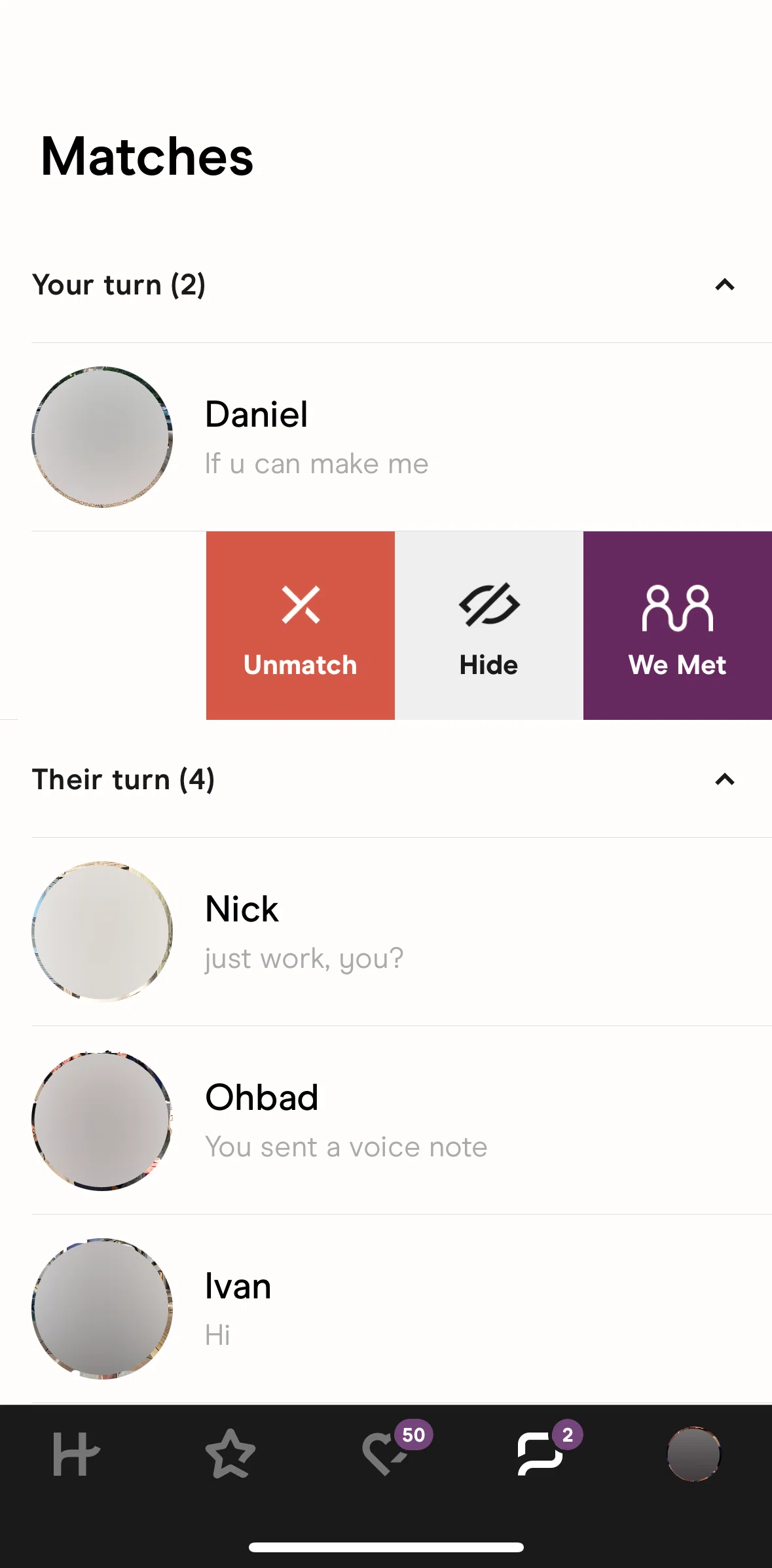 Hinge Screen screen in the Unmatching a user flow