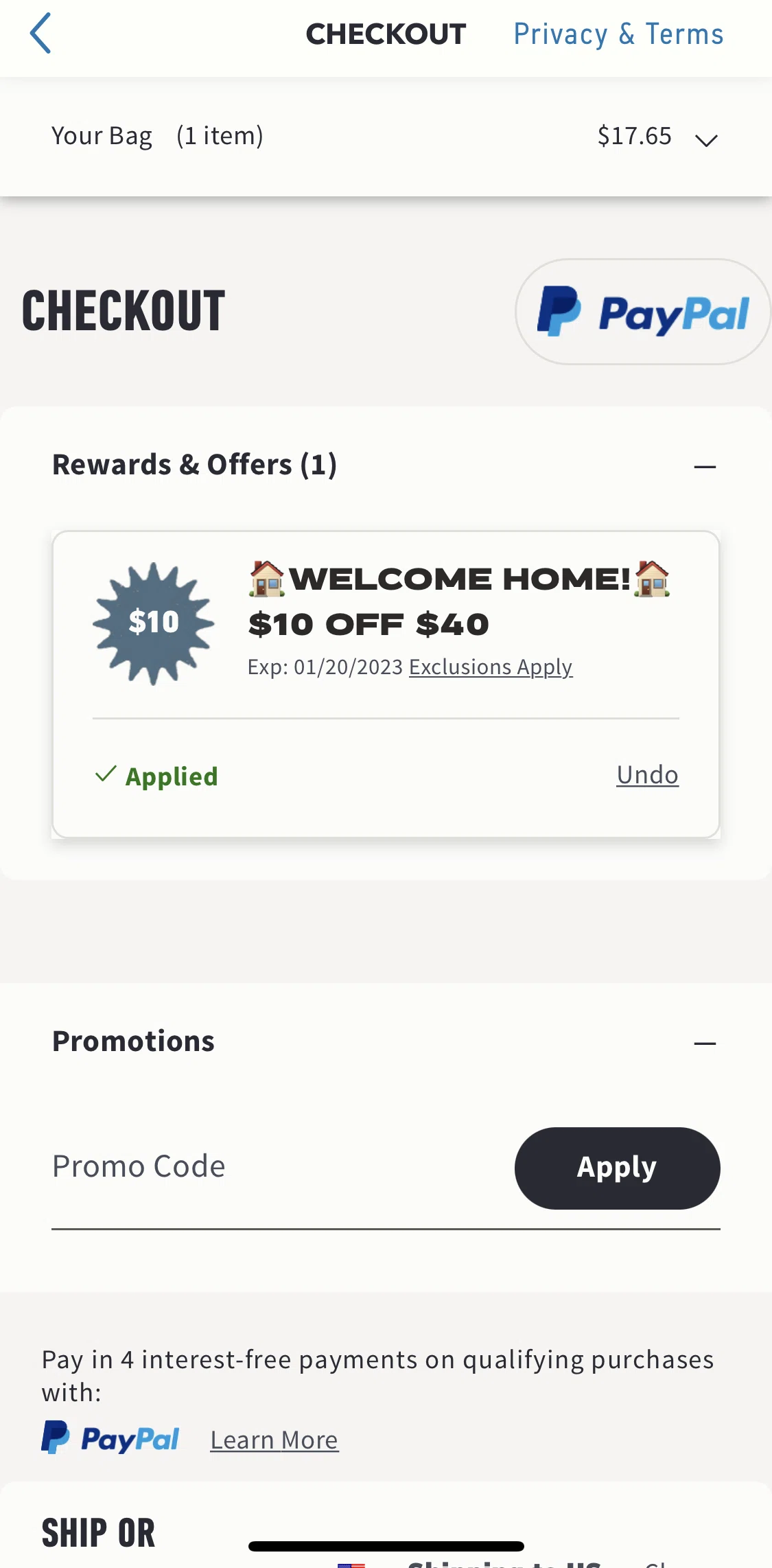 Hollister Co. Screen screen in the Applying promo code flow