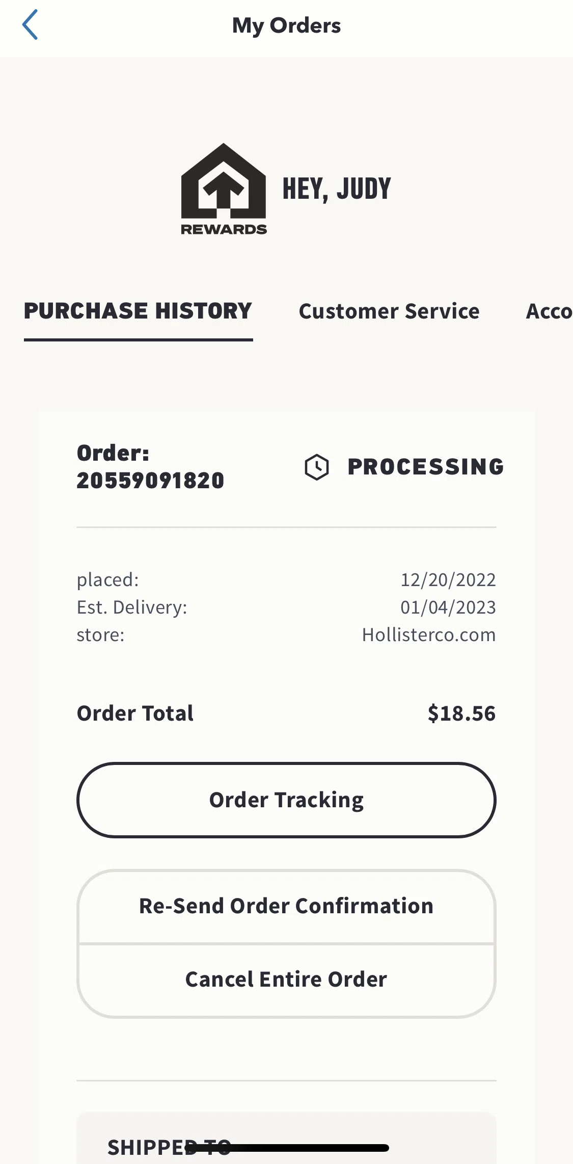 Hollister Co. Screen screen in the Cancelling an order flow