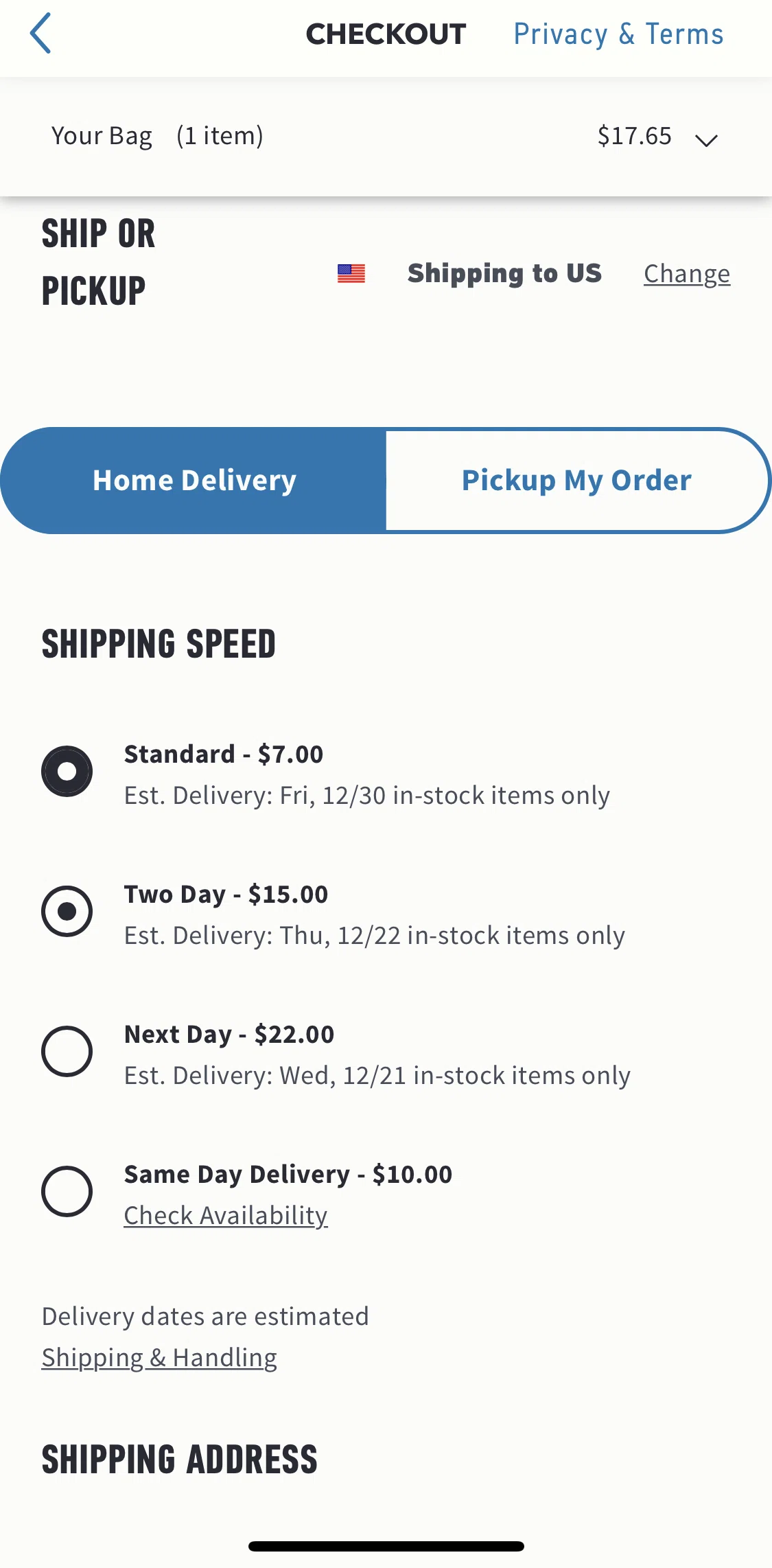 Hollister Co. Screen screen in the Checking out a pickup order flow