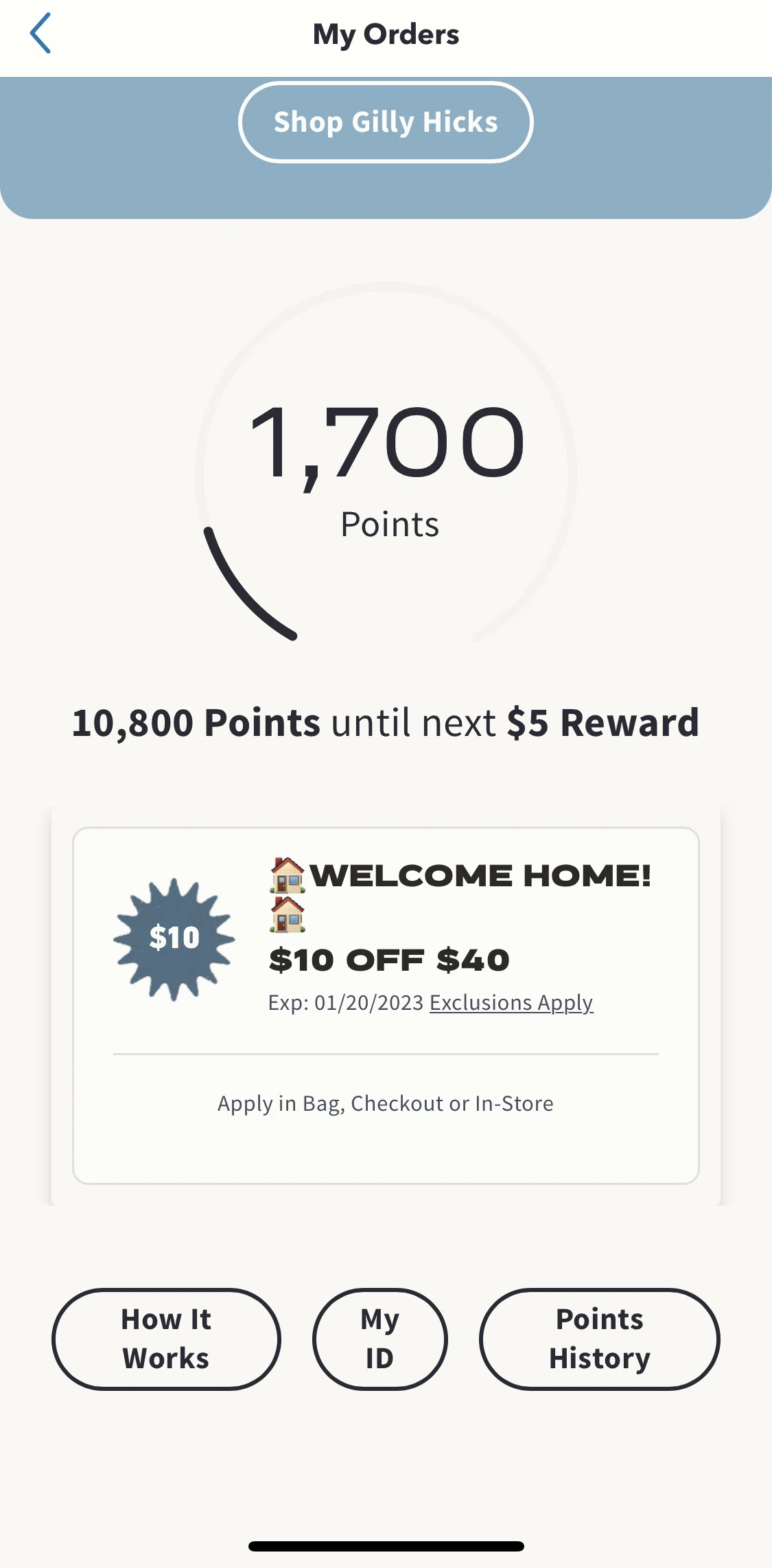 Hollister Co. Screen screen in the Points history flow