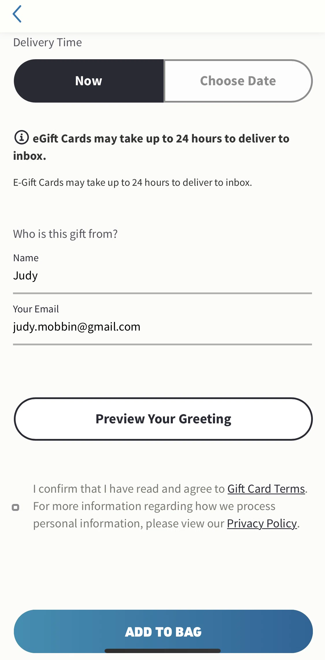 Hollister Co. Screen screen in the Previewing gift card greeting flow