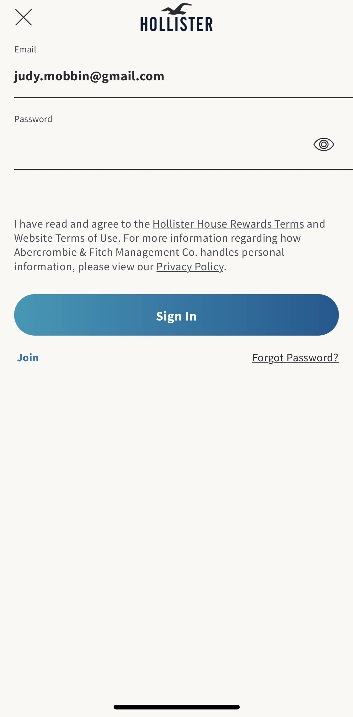 Hollister Co. Screen screen in the Resetting password flow