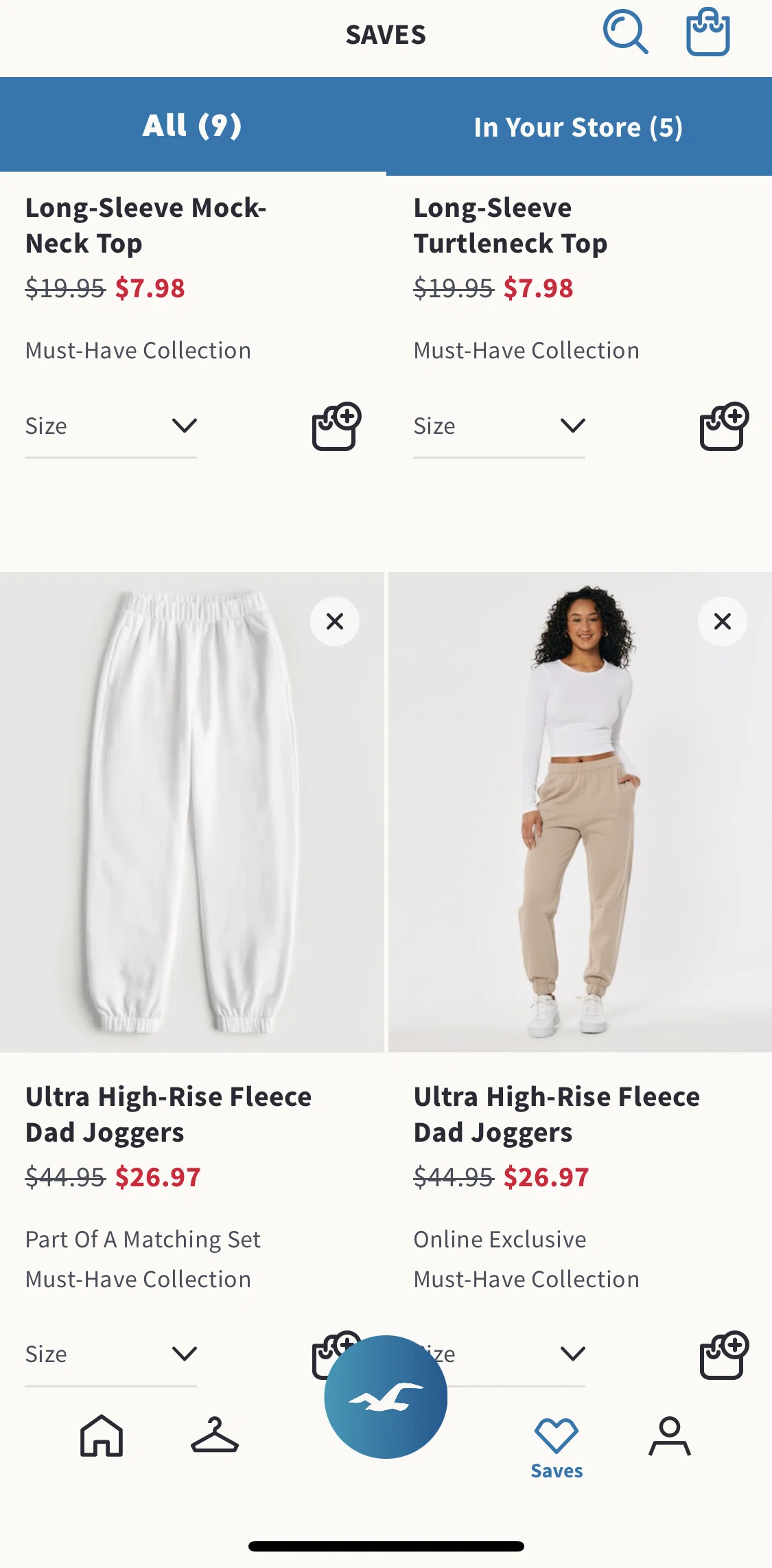 Hollister Co. Screen screen in the Selecting saved size flow