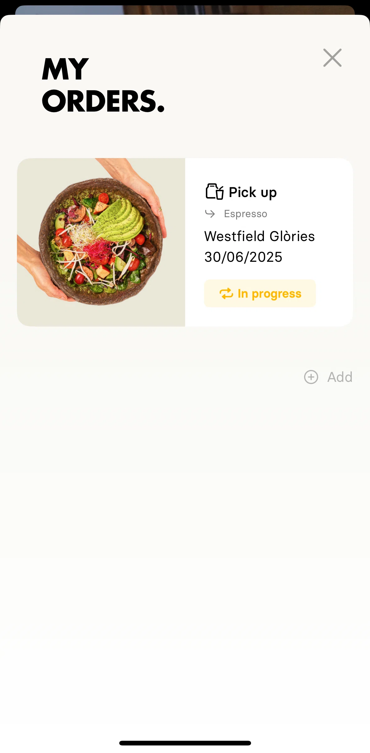 Honest Greens Screen screen in the Add an order flow