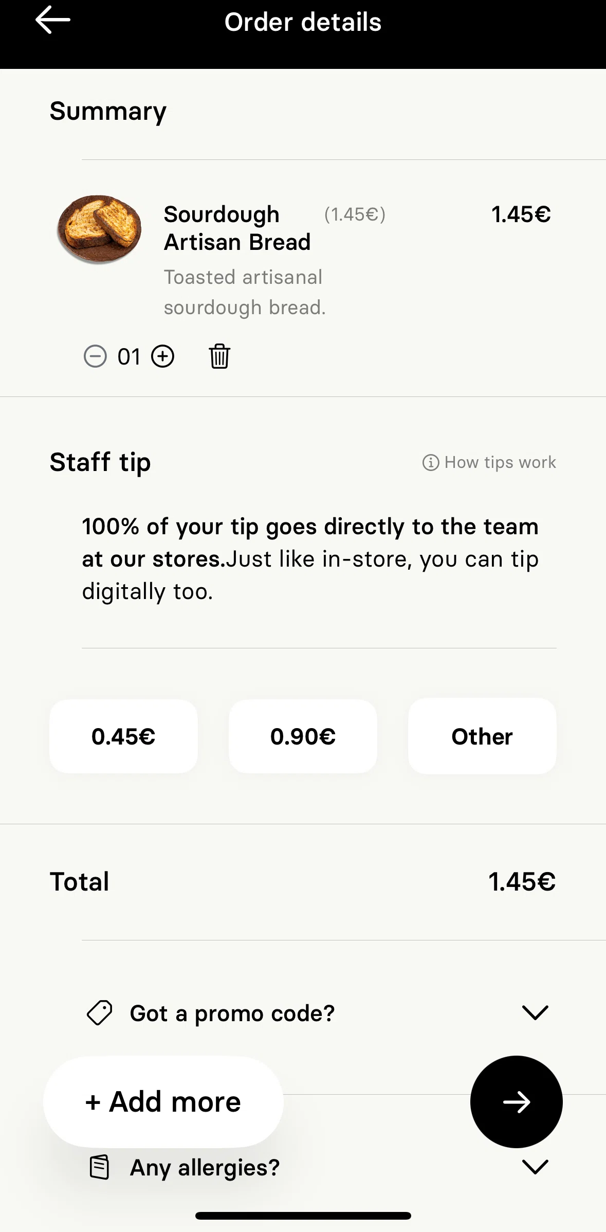 Honest Greens Screen screen in the Adding a tip flow