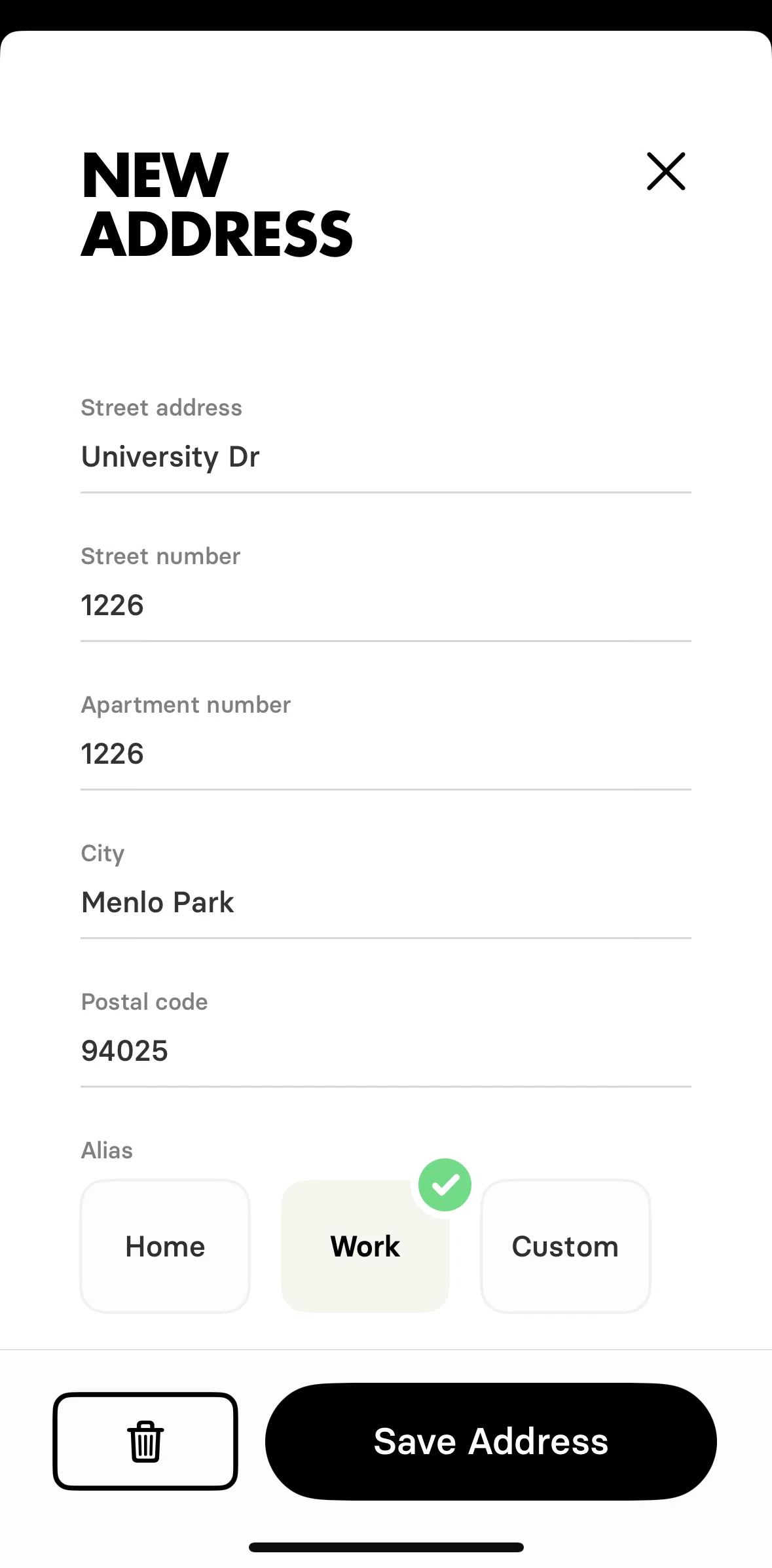 Honest Greens Screen screen in the Deleting an address flow