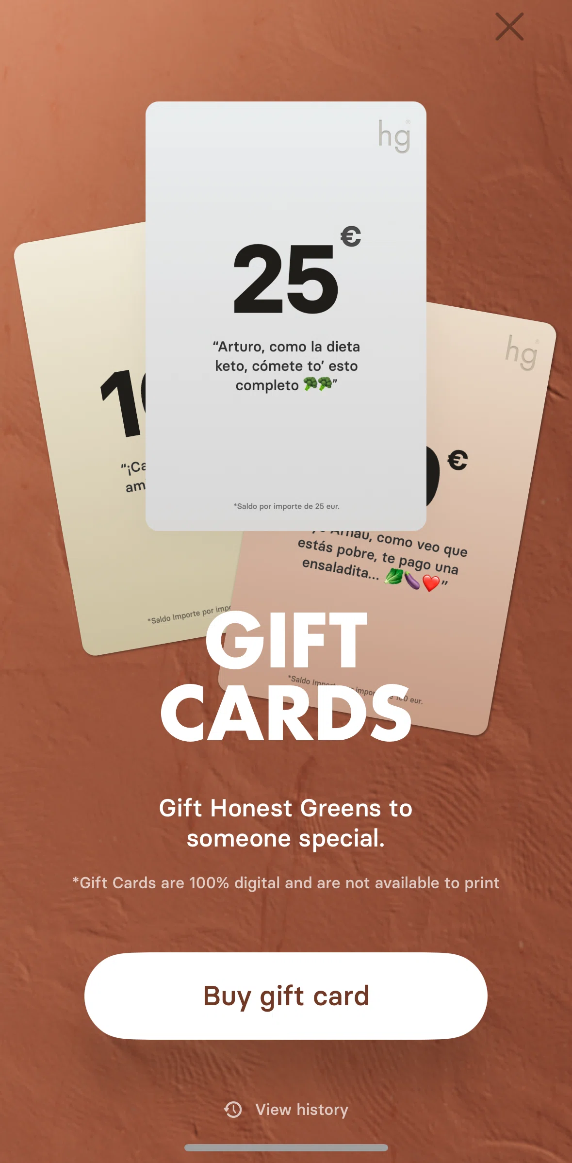 Honest Greens Screen screen in the History (gift cards) flow