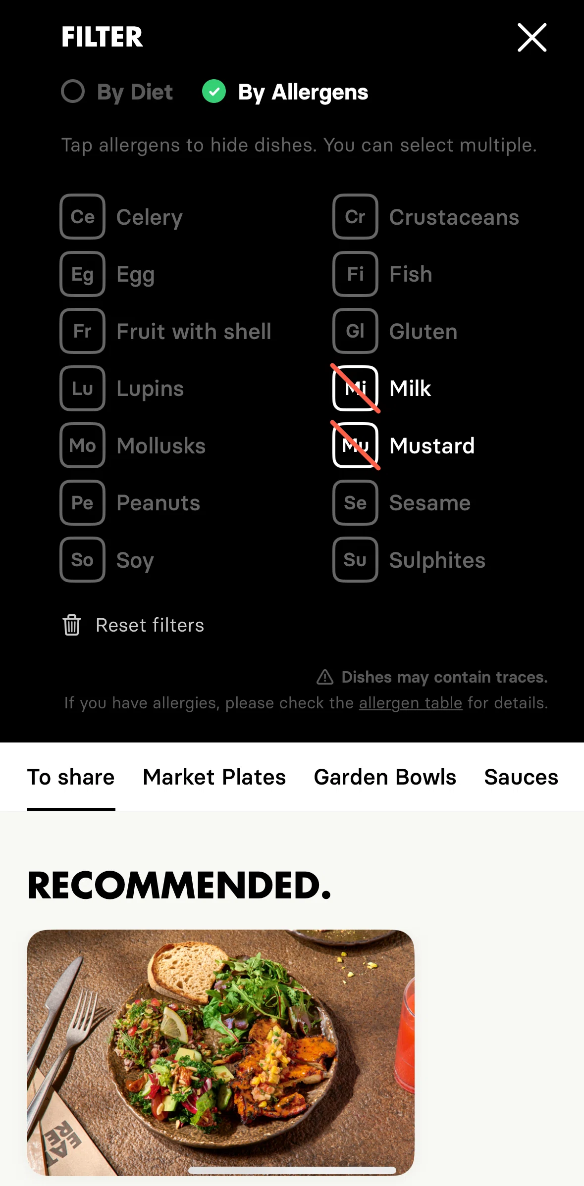 Honest Greens Screen screen in the Resetting filters flow