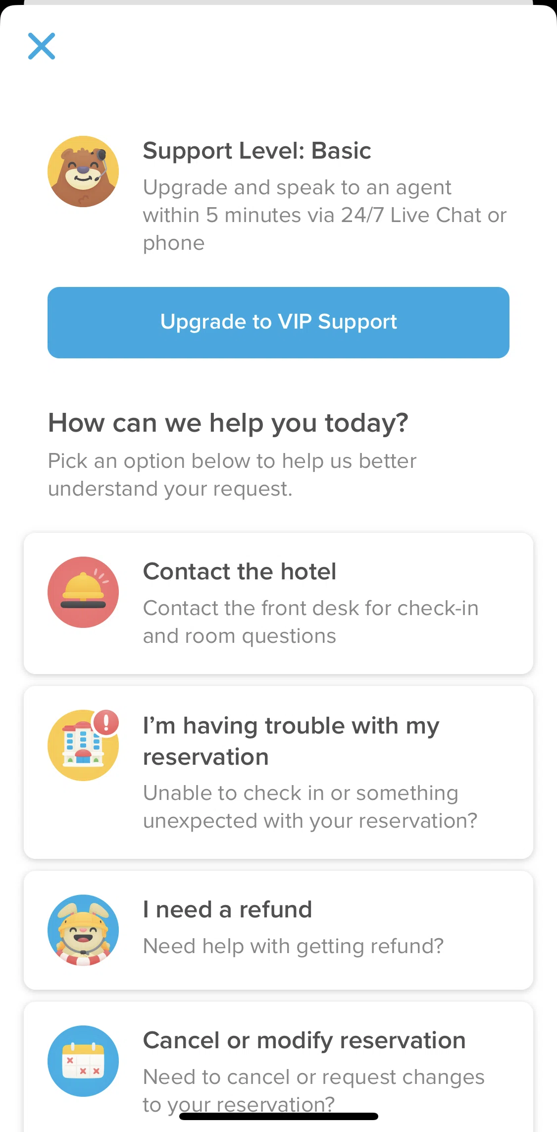 Hopper Screen 1 screen in the Contact hotel support flow