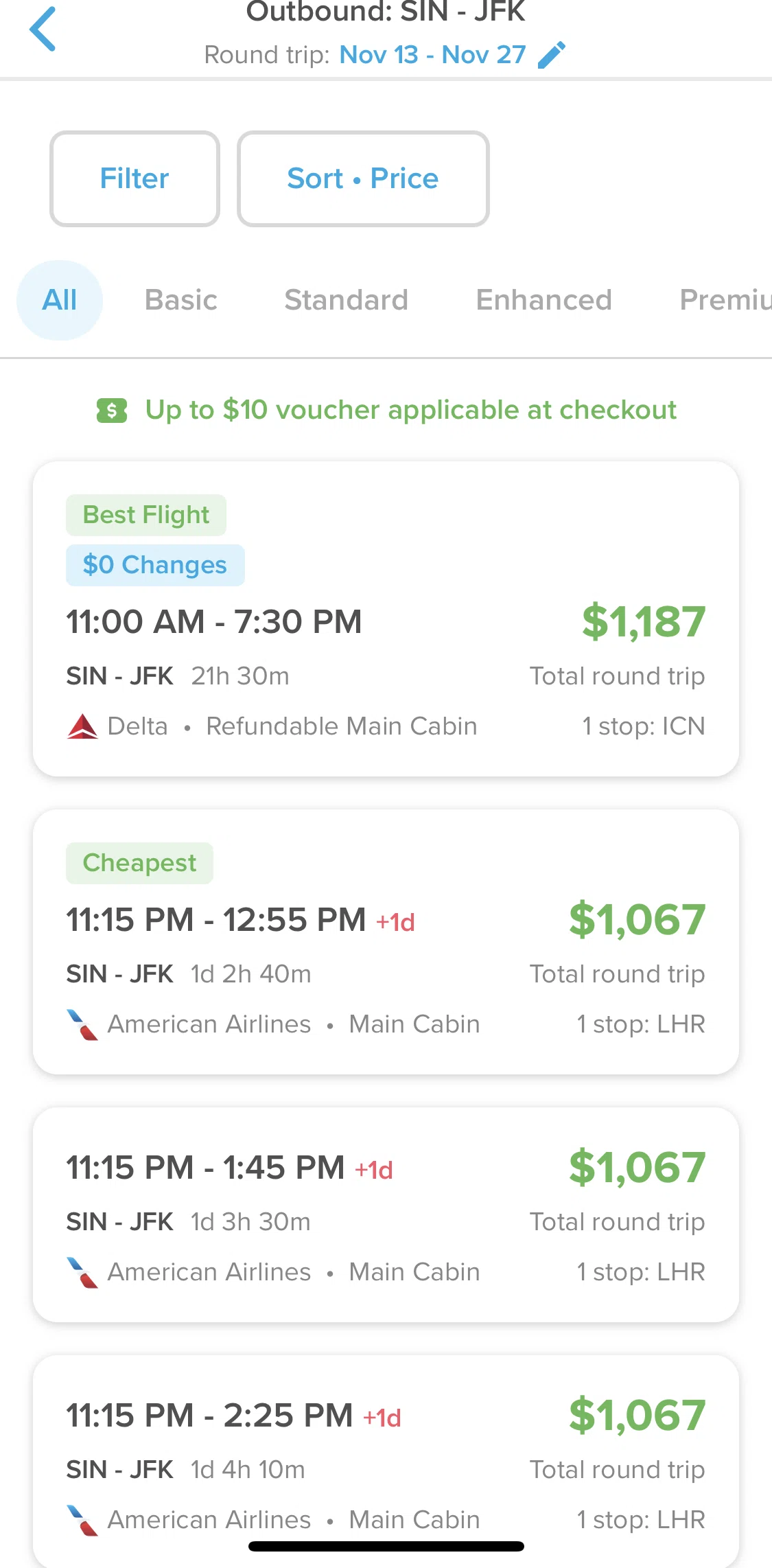 Hopper Screen 1 screen in the Filtering and sorting flights results flow