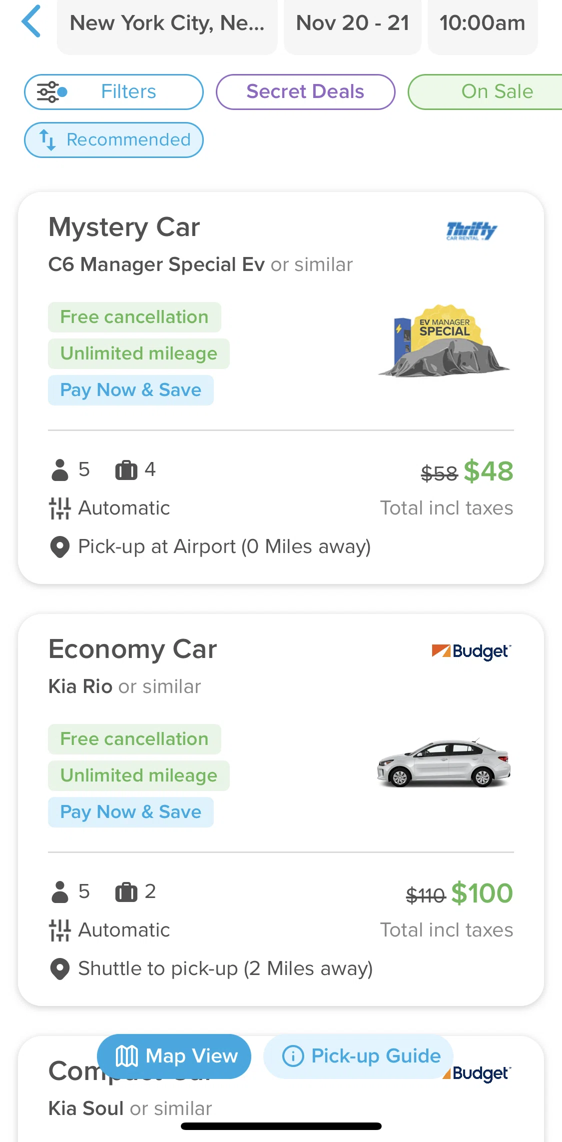 Hopper Screen 1 screen in the Renting a car flow