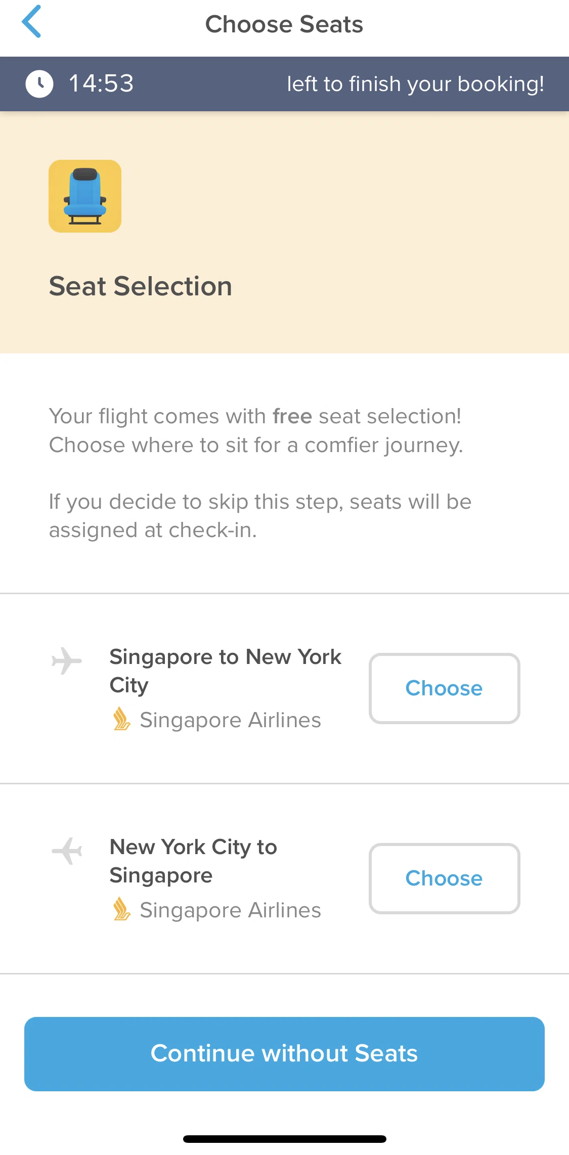Hopper Screen 1 screen in the Selecting flight seats flow