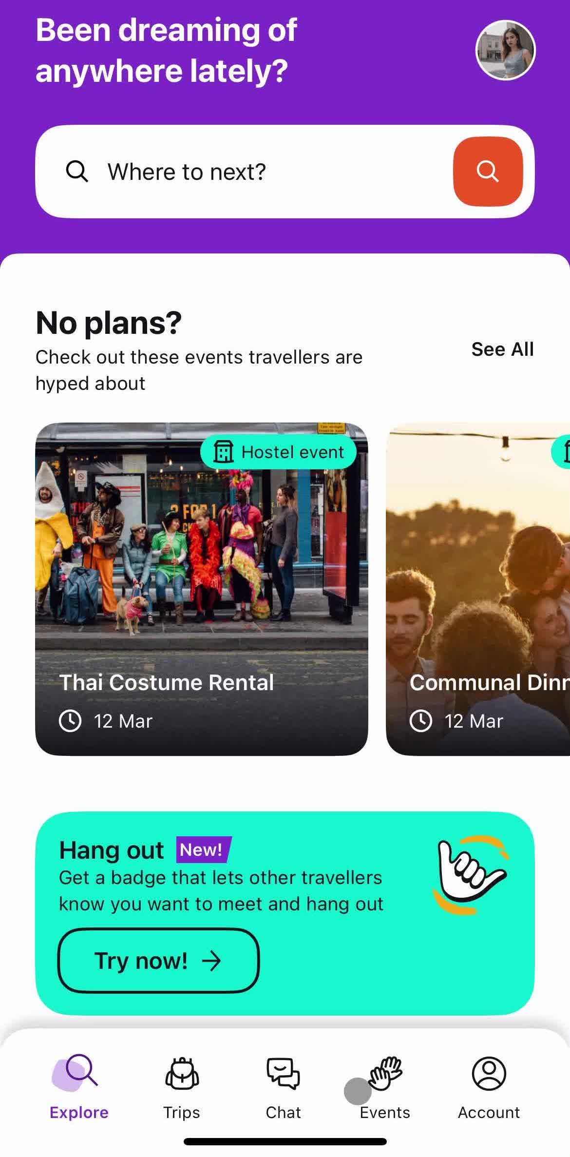 Hostelworld Home screen in the Booking An Activity flow