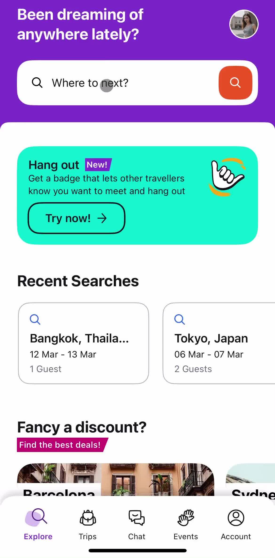 Hostelworld Home screen in the General Browsing flow