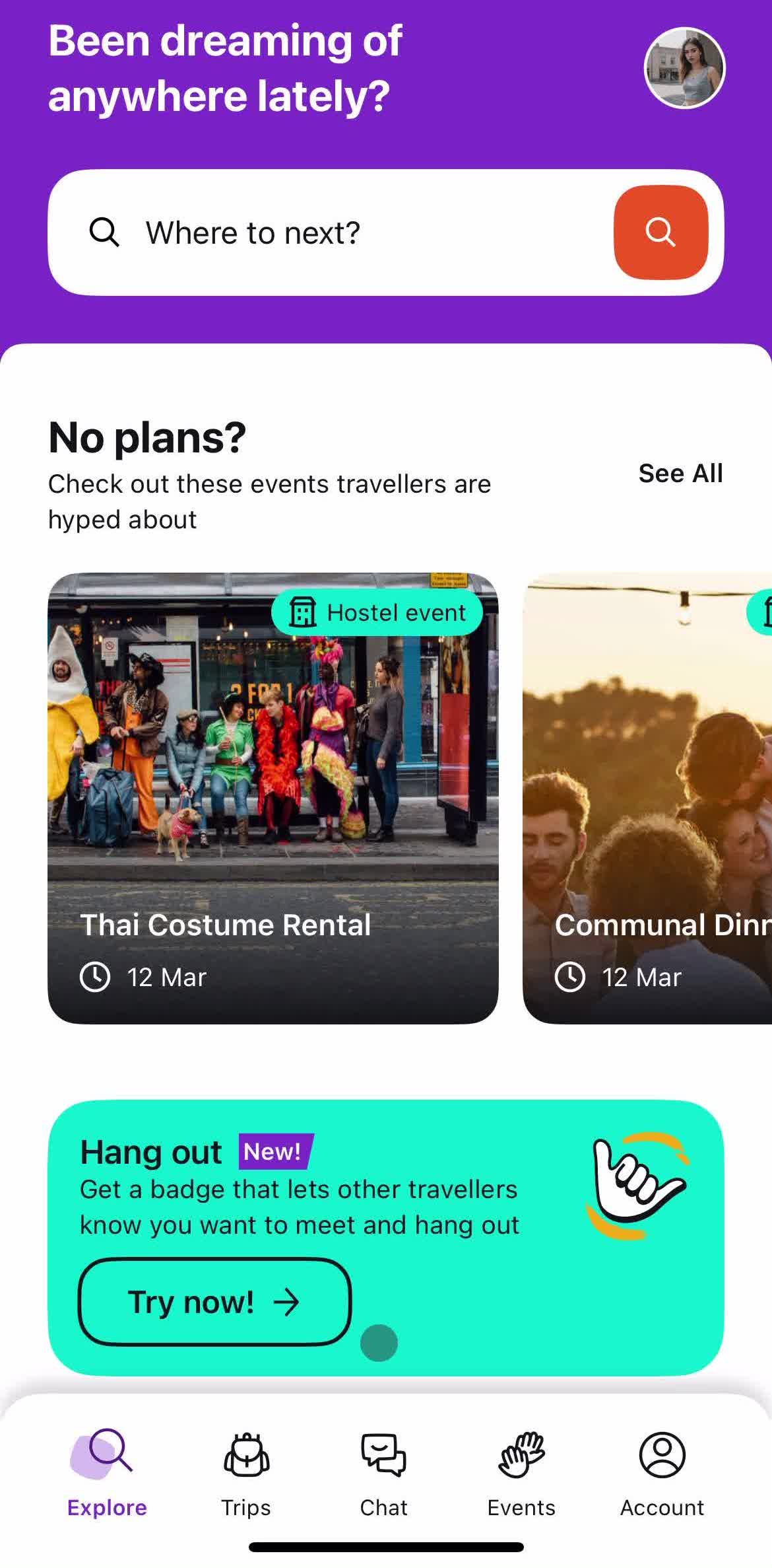 Hostelworld Home screen in the Reporting A User flow