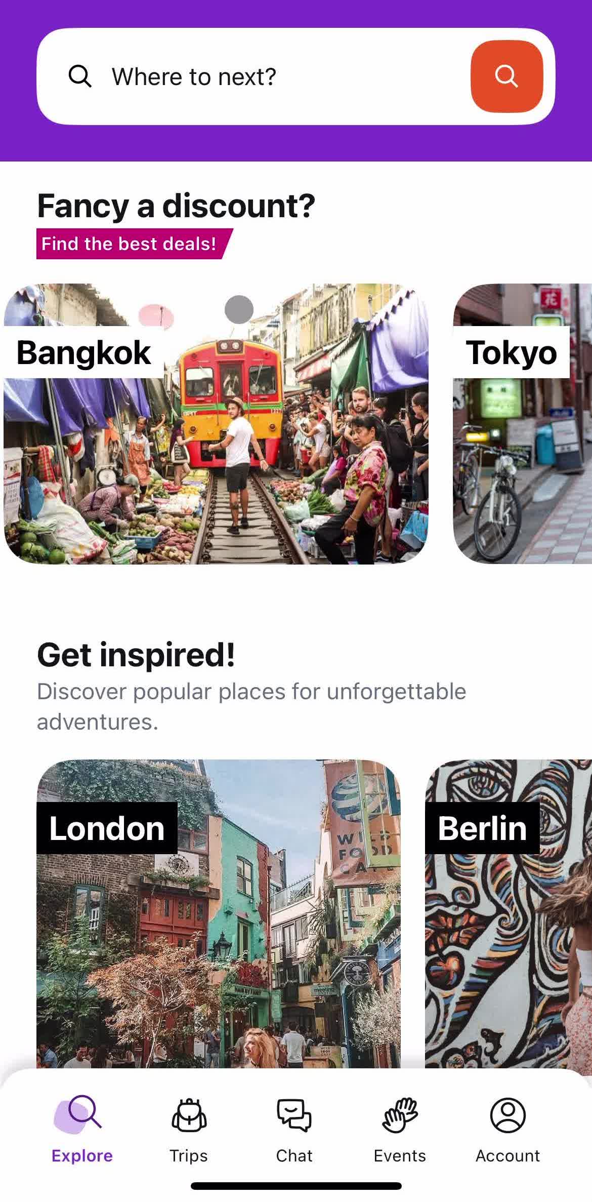 Hostelworld Home screen in the Saving flow