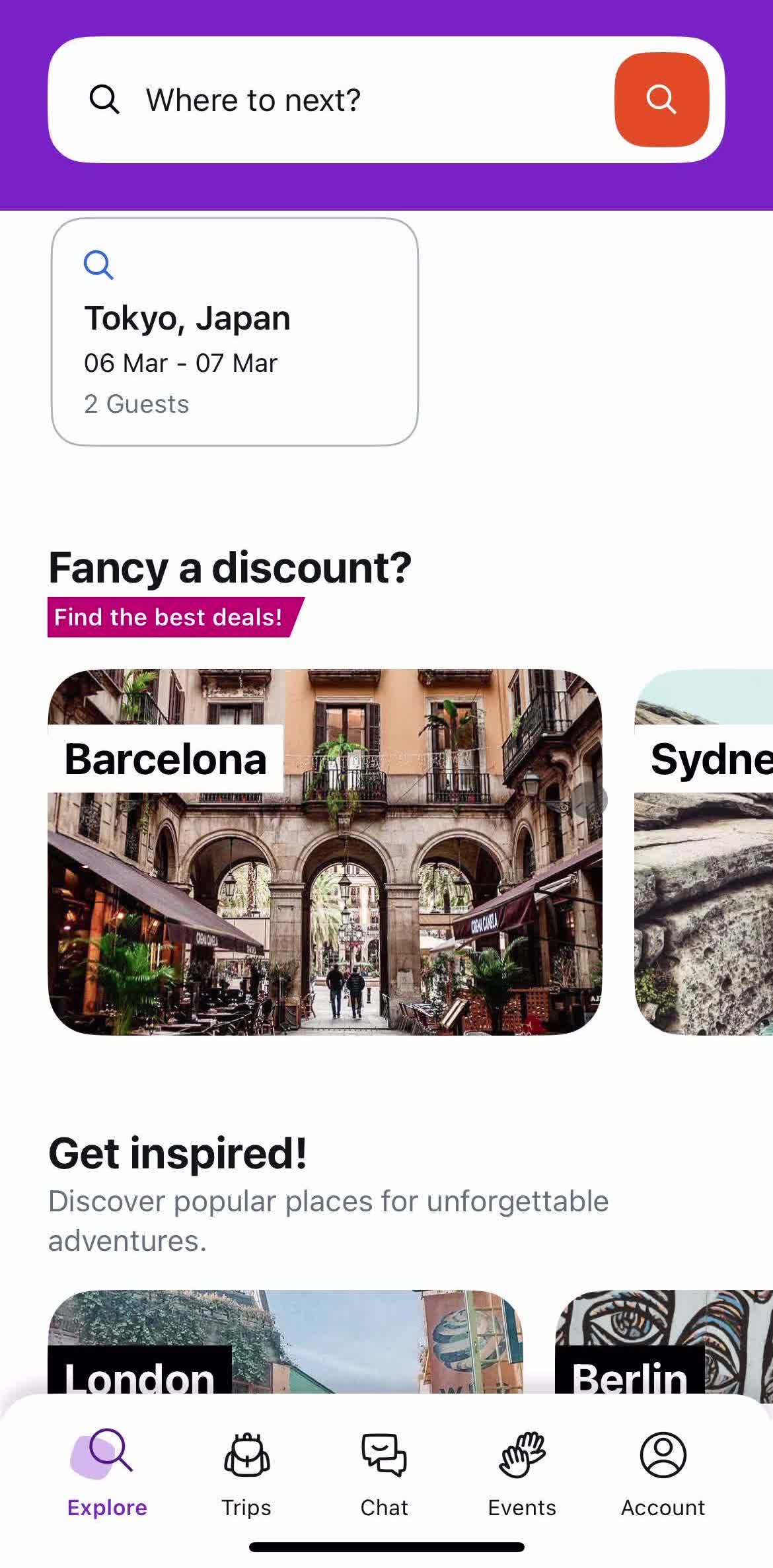 Hostelworld Home screen in the Sharing flow