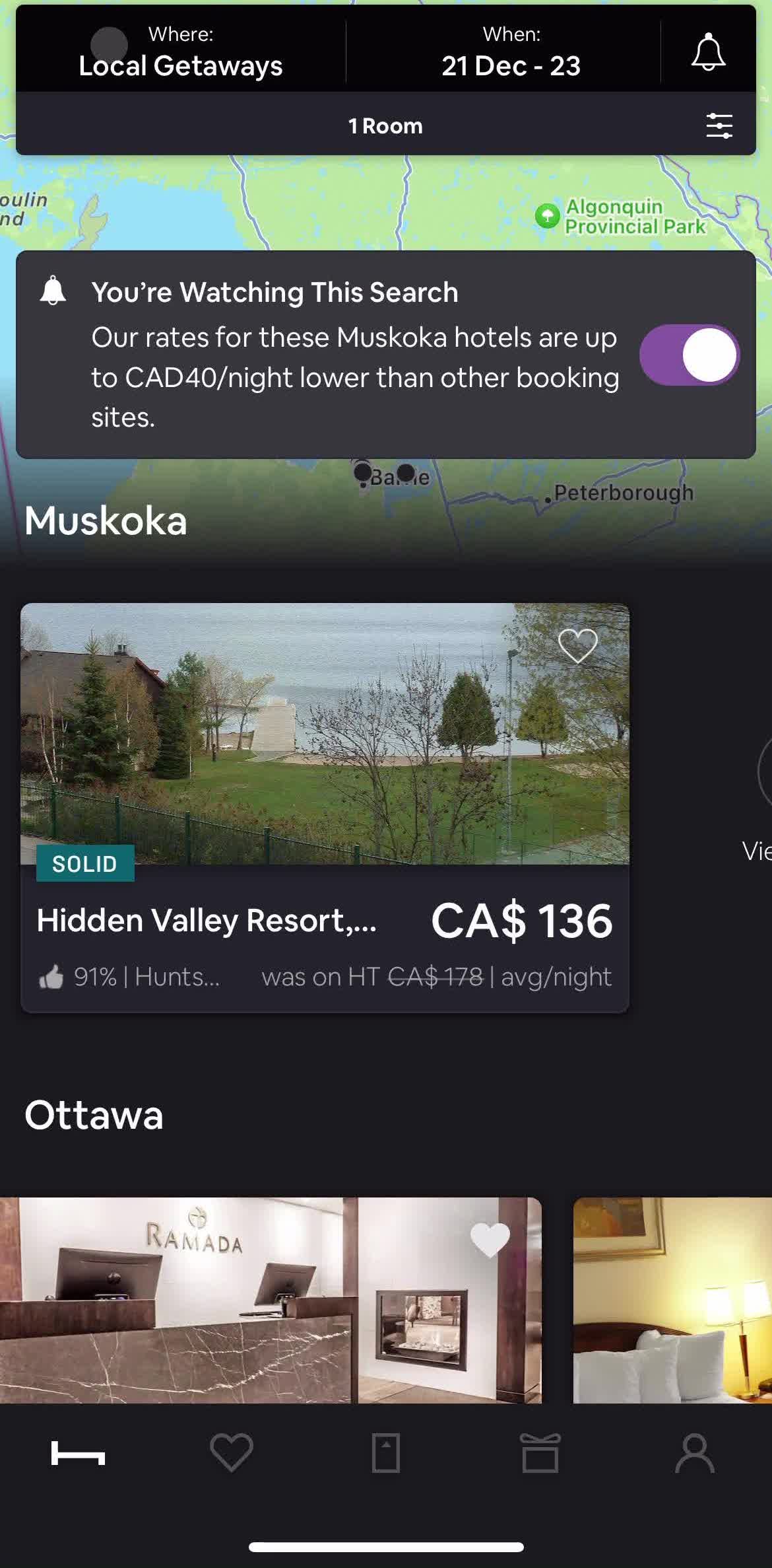 Hoteltonight Home screen in the Booking A Room flow