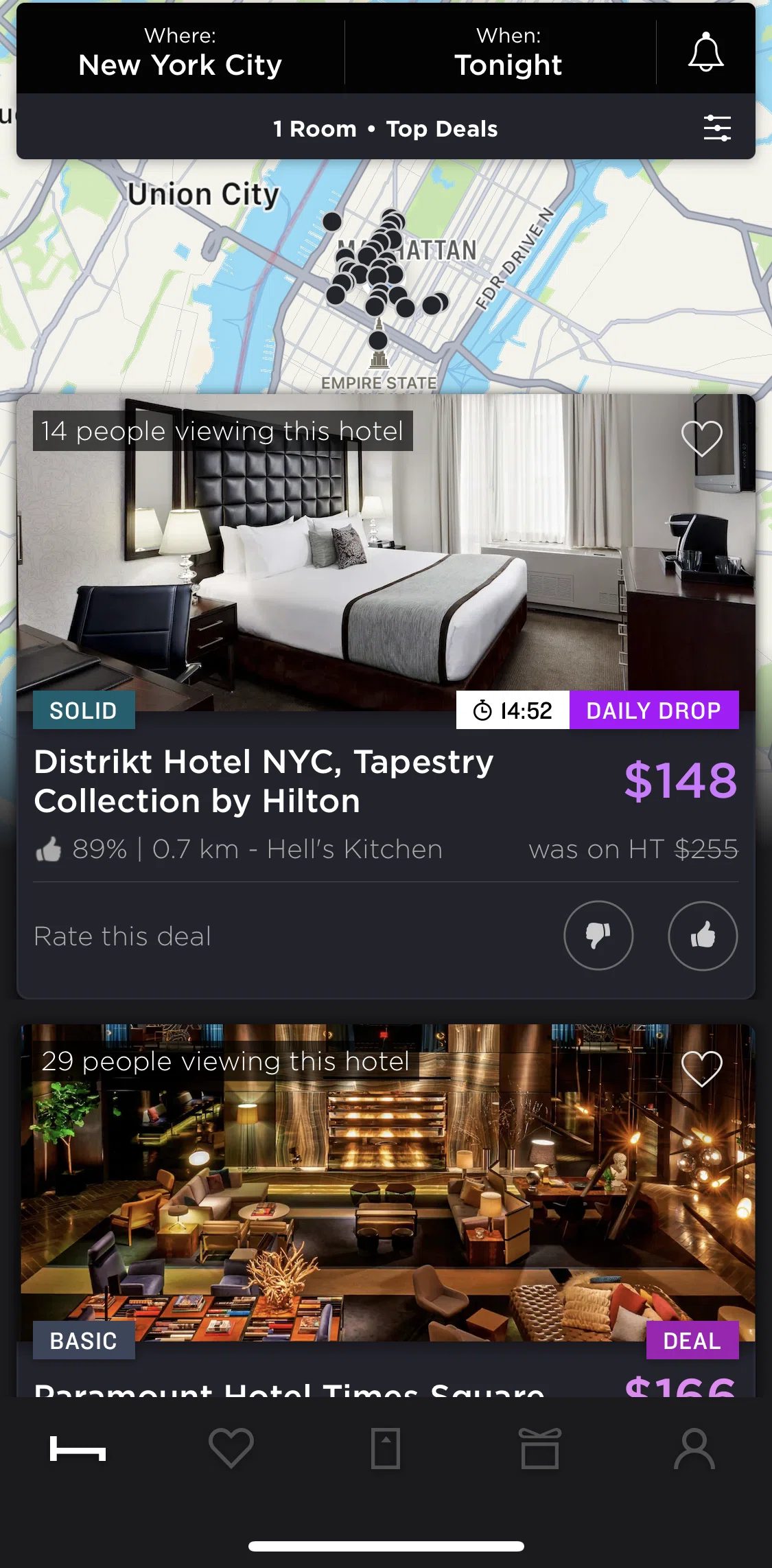 Hoteltonight Screen screen in the Choosing hotel with new dates flow